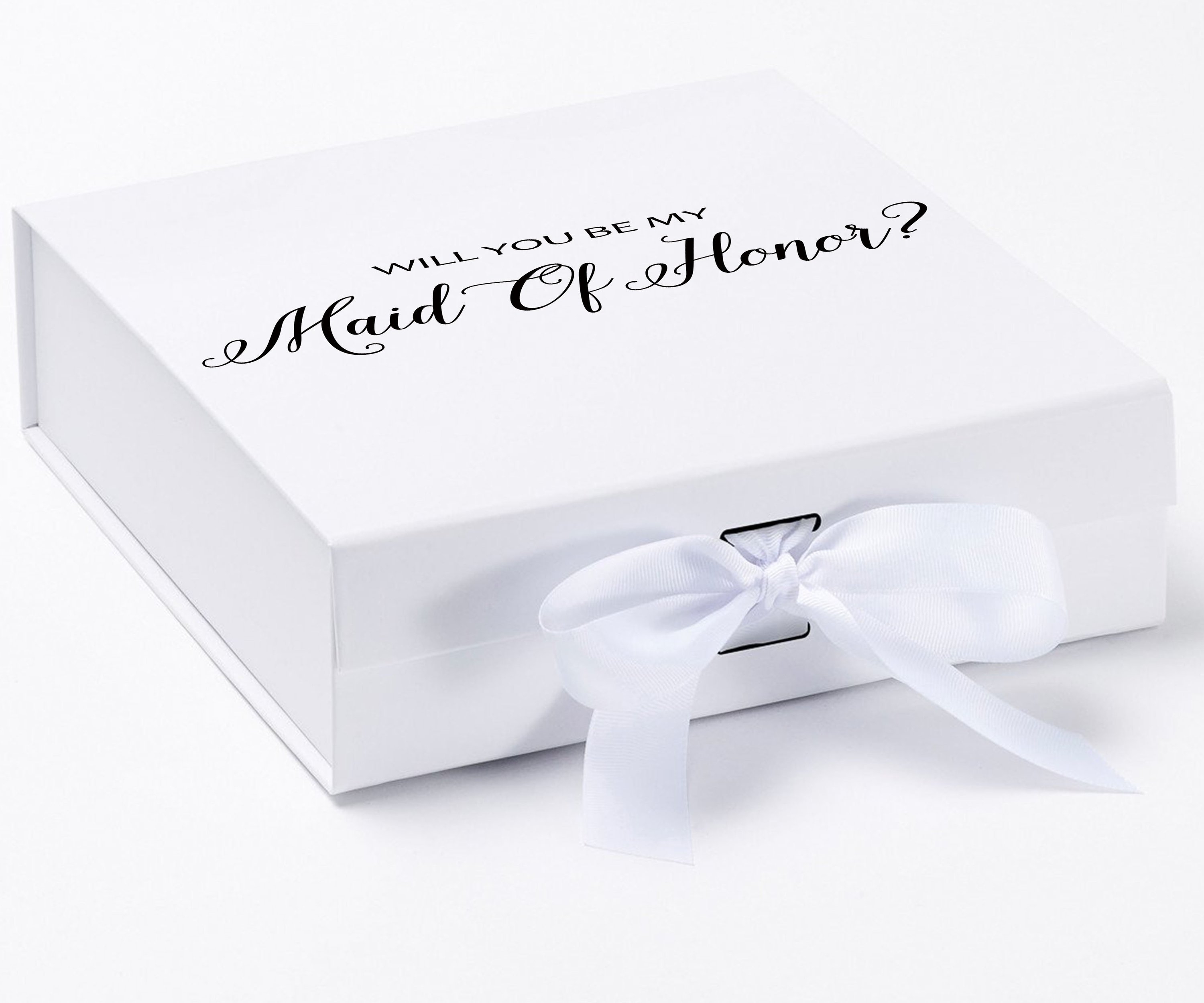 Elegant white maid of honor proposal box with metallic writing and a white bow, showcasing its luxurious design.