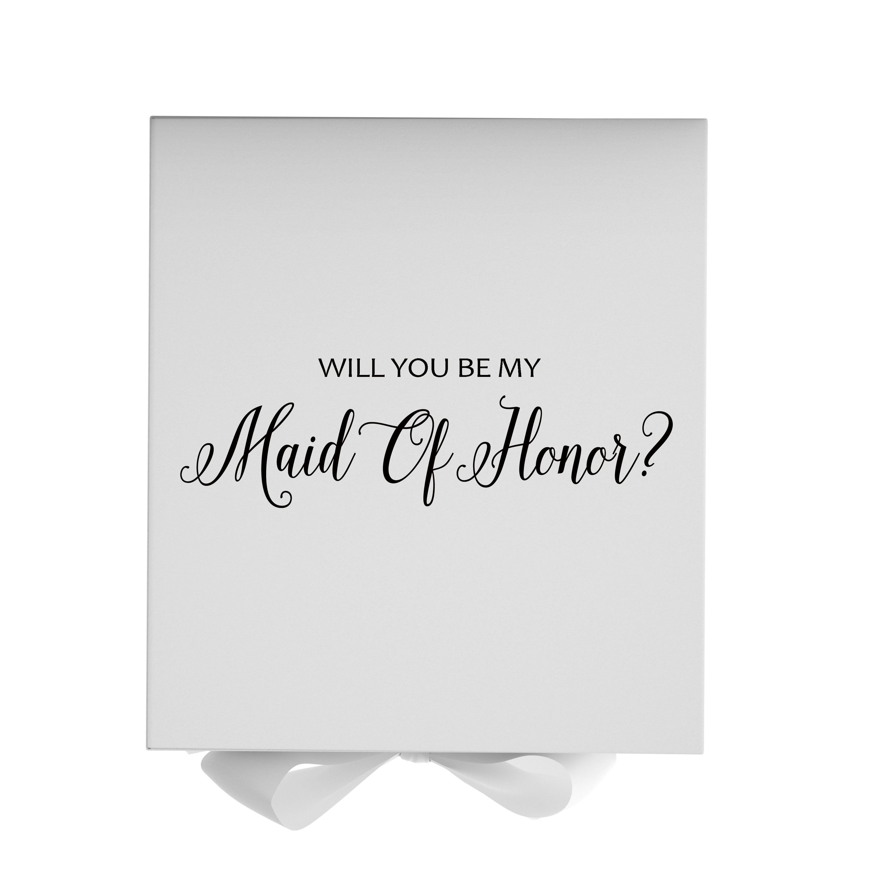 Elegant white maid of honor proposal box with metallic writing and a white bow, showcasing its luxurious design.