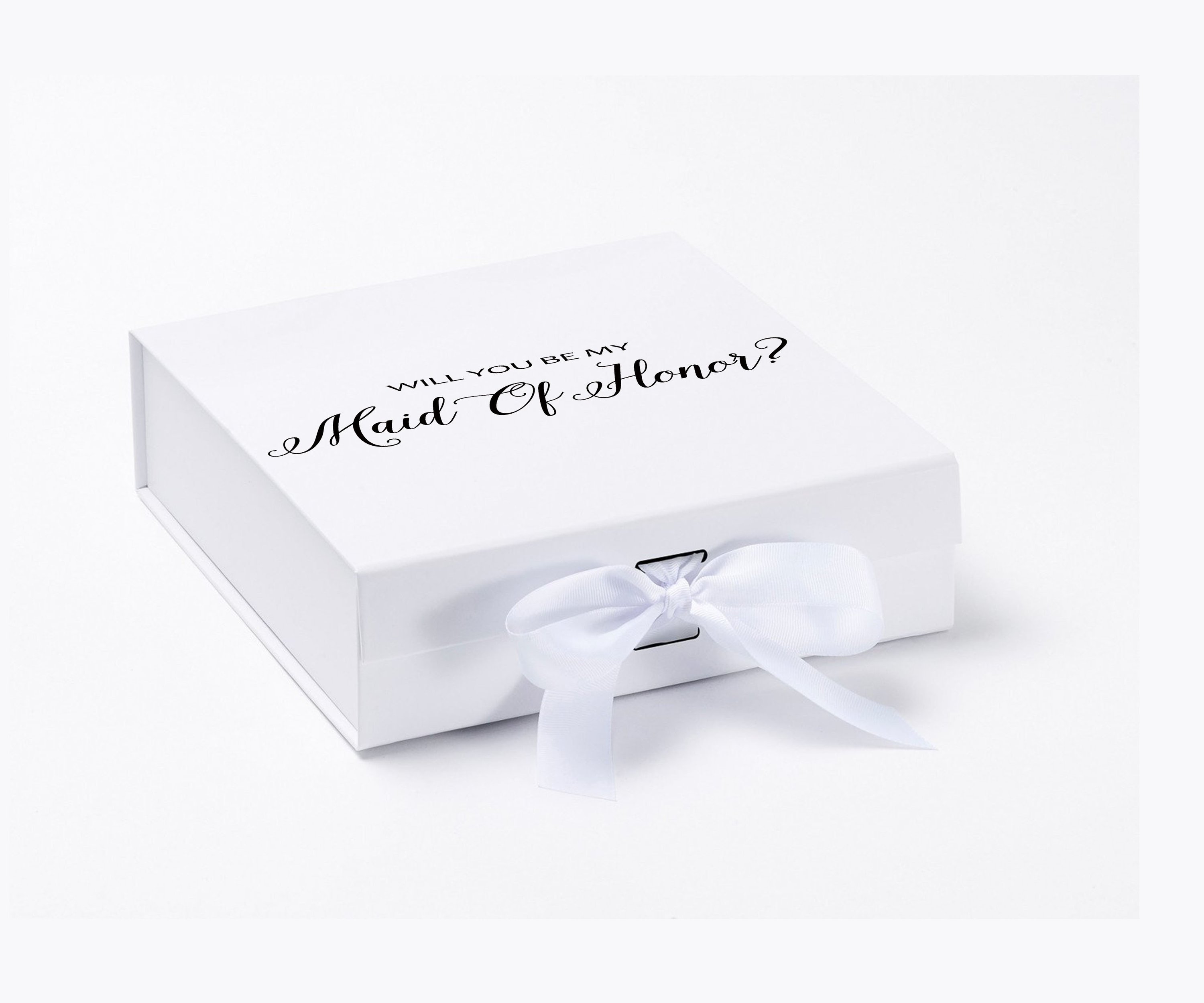 Elegant white maid of honor proposal box with metallic writing and a white bow, showcasing its luxurious design.