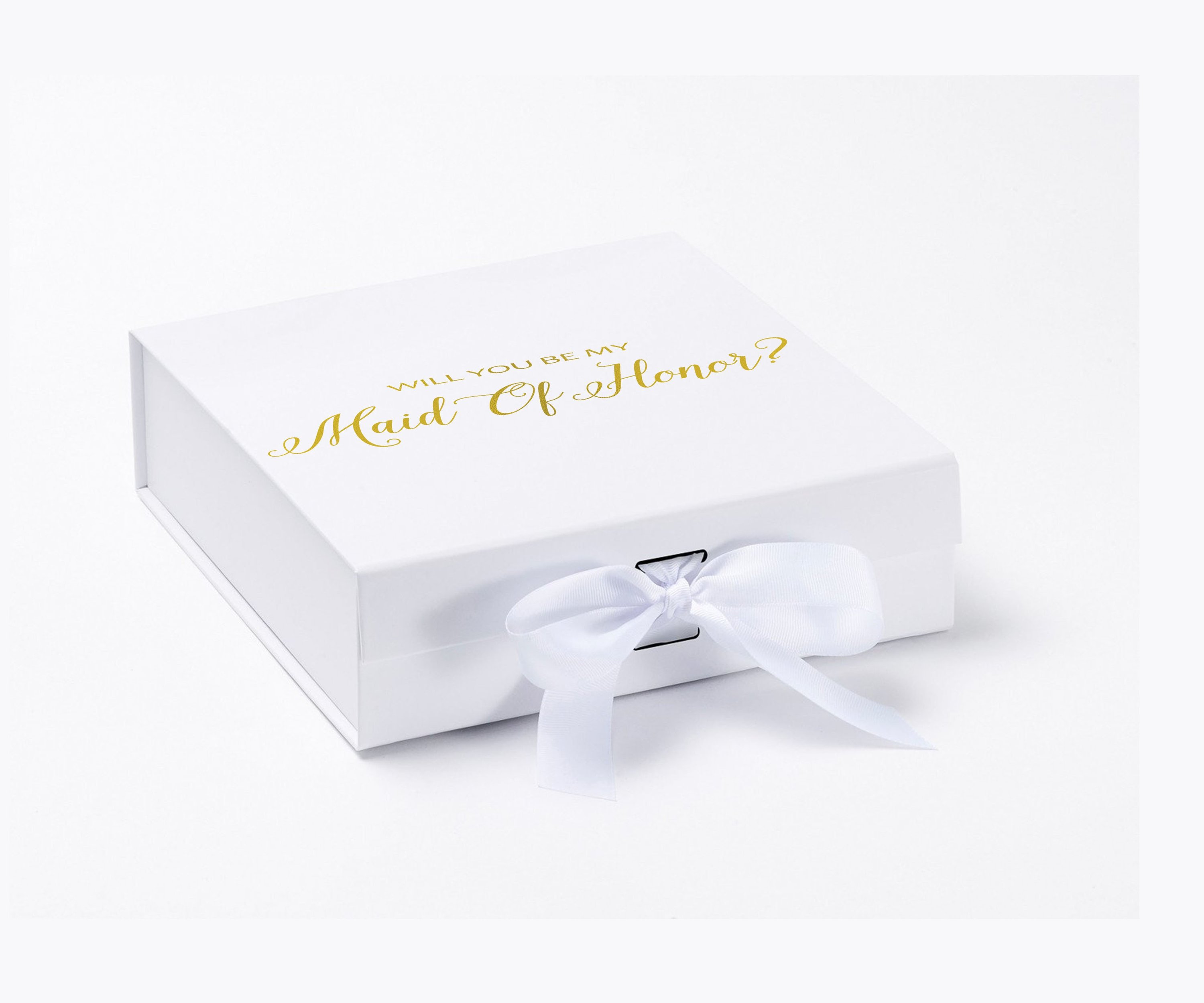 Elegant white maid of honor proposal box with metallic writing and a white bow, showcasing its luxurious design.