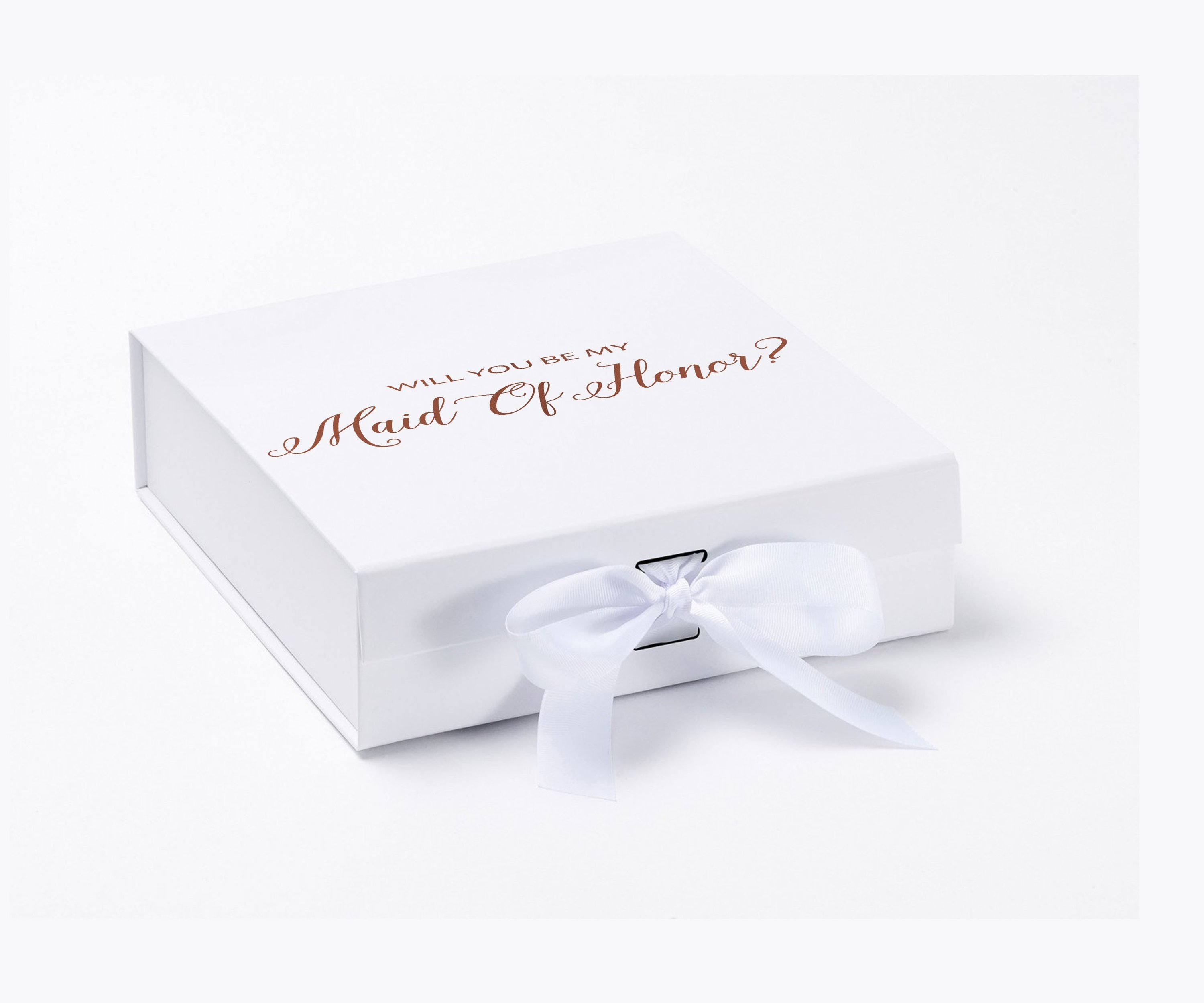 Elegant white maid of honor proposal box with metallic writing and a white bow, showcasing its luxurious design.