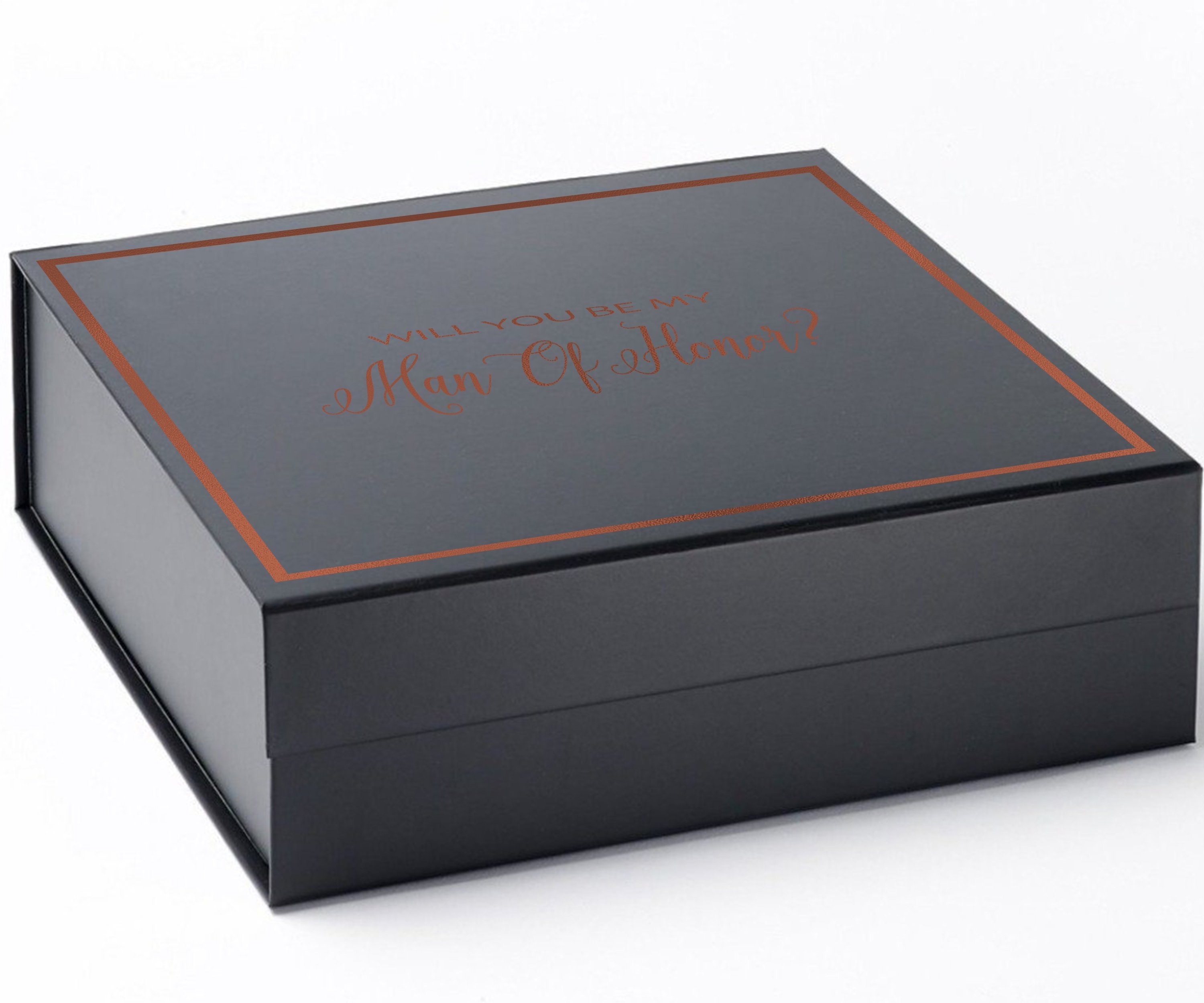 Elegant black proposal box with metallic writing, featuring a sleek design and no ribbon, perfect for asking your Man of Honor.