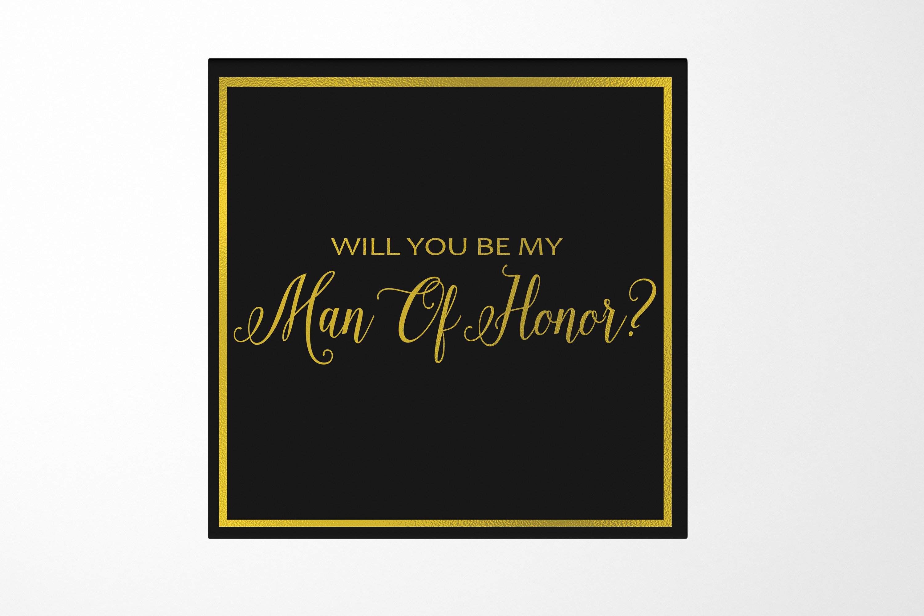 Elegant black proposal box with metallic writing, featuring a sleek design and no ribbon, perfect for asking your Man of Honor.