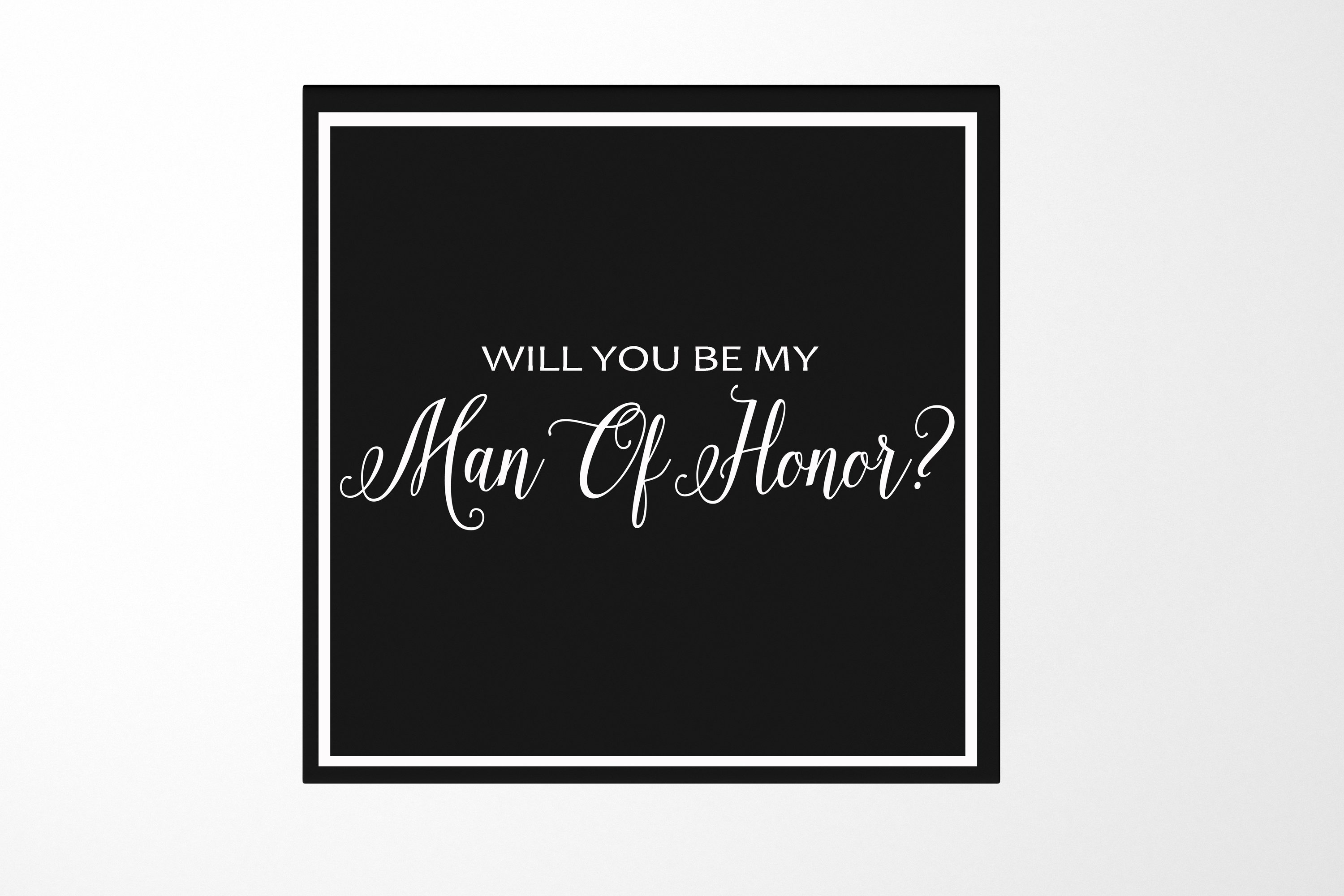 Elegant black proposal box with metallic writing, featuring a sleek design and no ribbon, perfect for asking your Man of Honor.