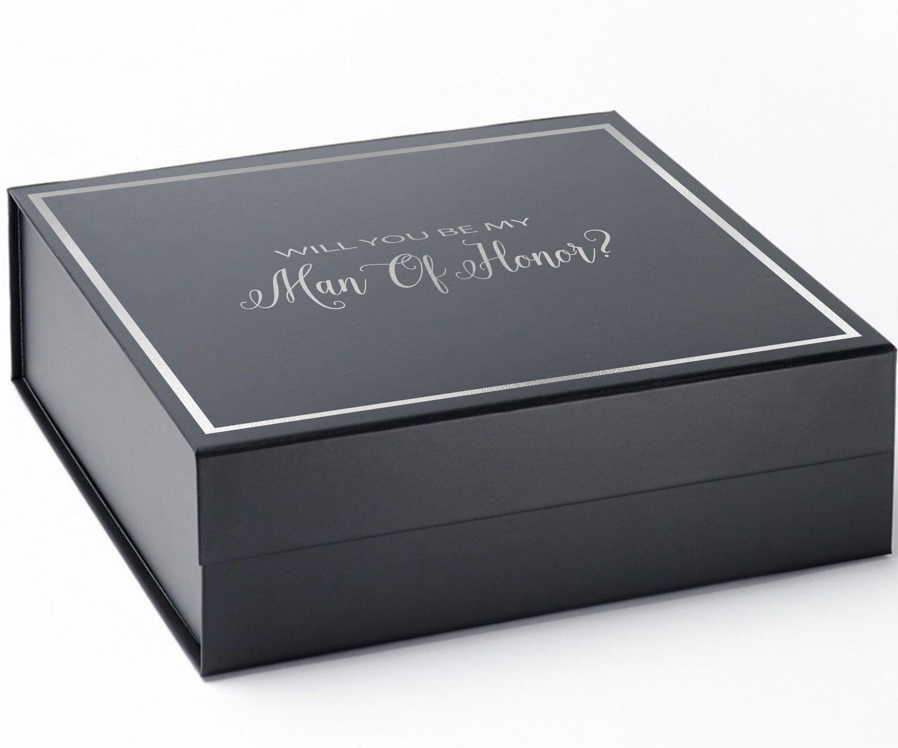 Elegant black proposal box with metallic writing, featuring a sleek design and no ribbon, perfect for asking your Man of Honor.