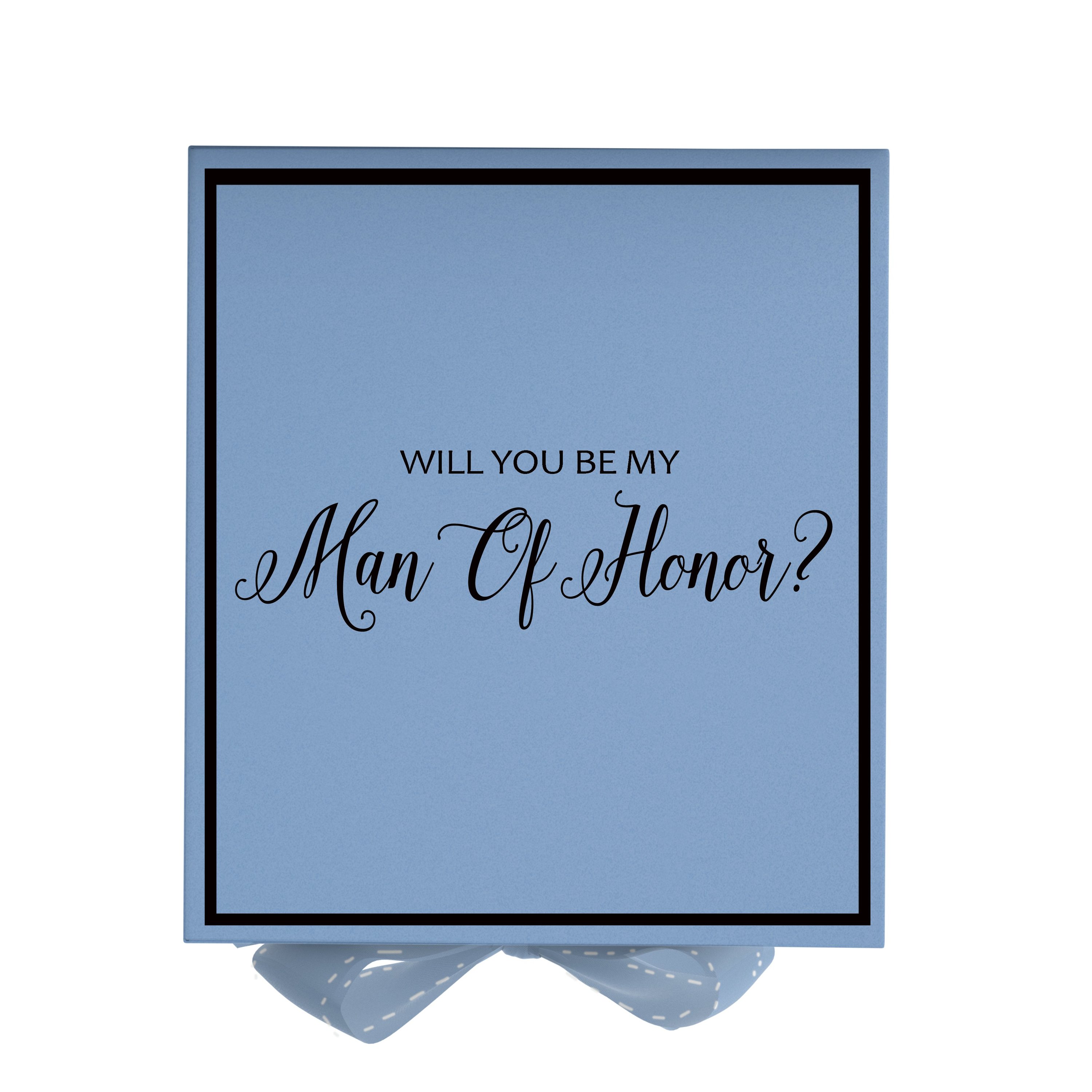 Light blue proposal box with metallic writing and bow, perfect for asking your Man of Honor.