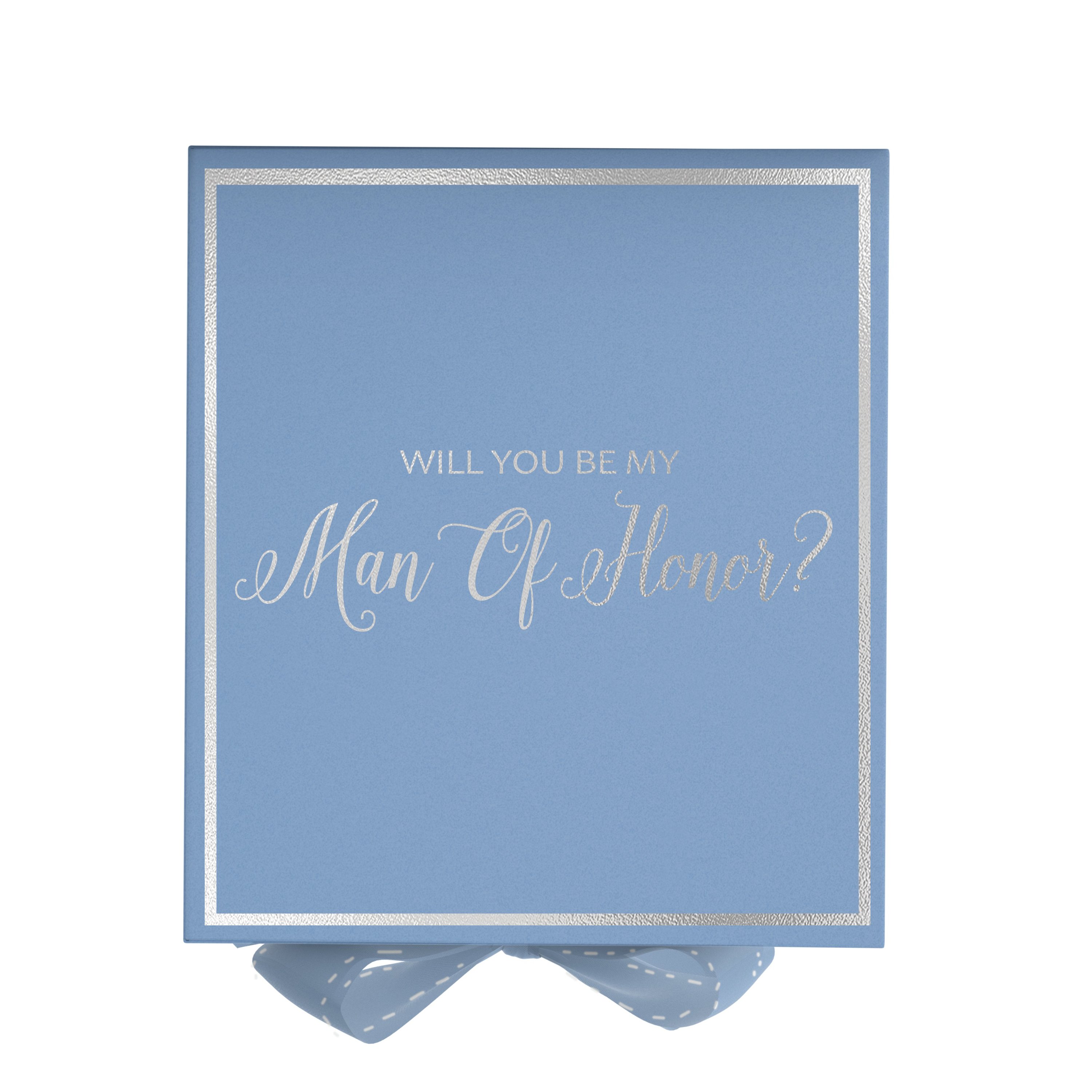 Light blue proposal box with metallic writing and bow, perfect for asking your Man of Honor.