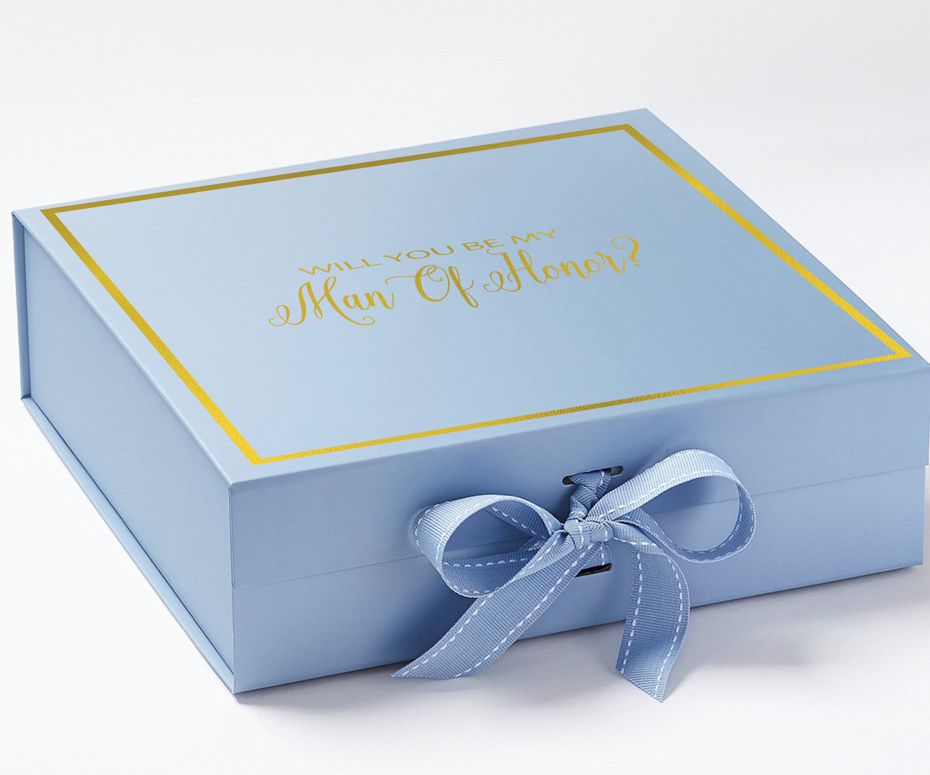 Light blue proposal box with metallic writing and bow, perfect for asking your Man of Honor.