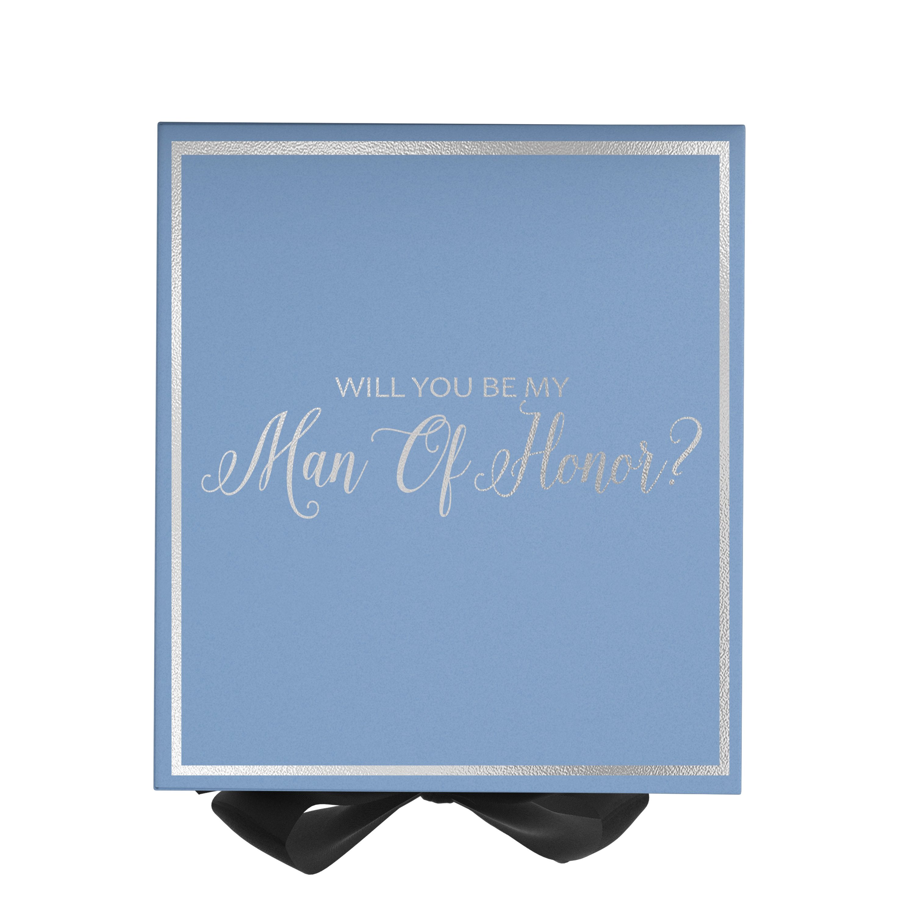 Light blue proposal box with black bow, featuring metallic writing on the lid, available in three sizes.