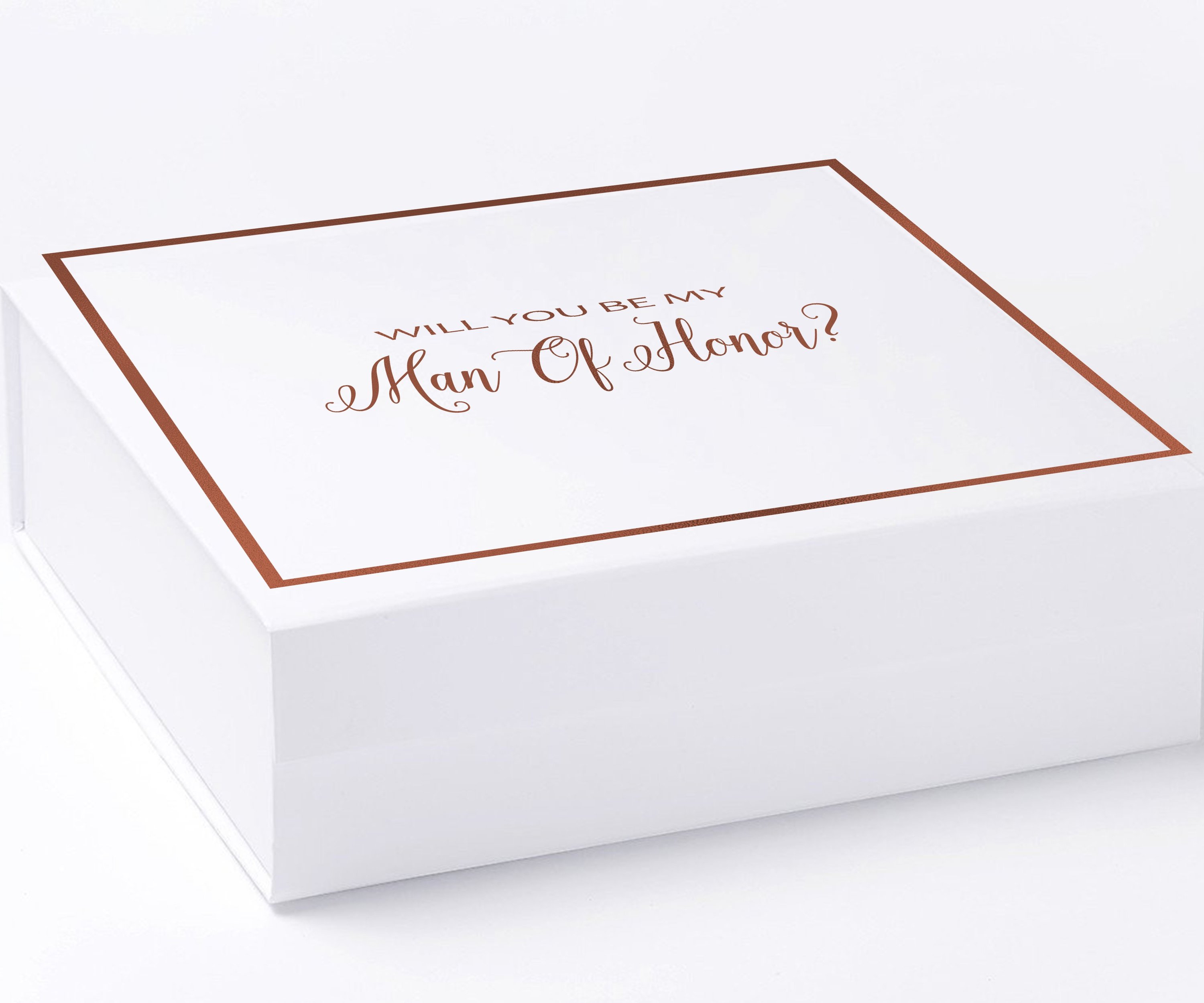 Elegant white proposal box with metallic writing, featuring a sleek design and no ribbon, perfect for asking your Man of Honor.