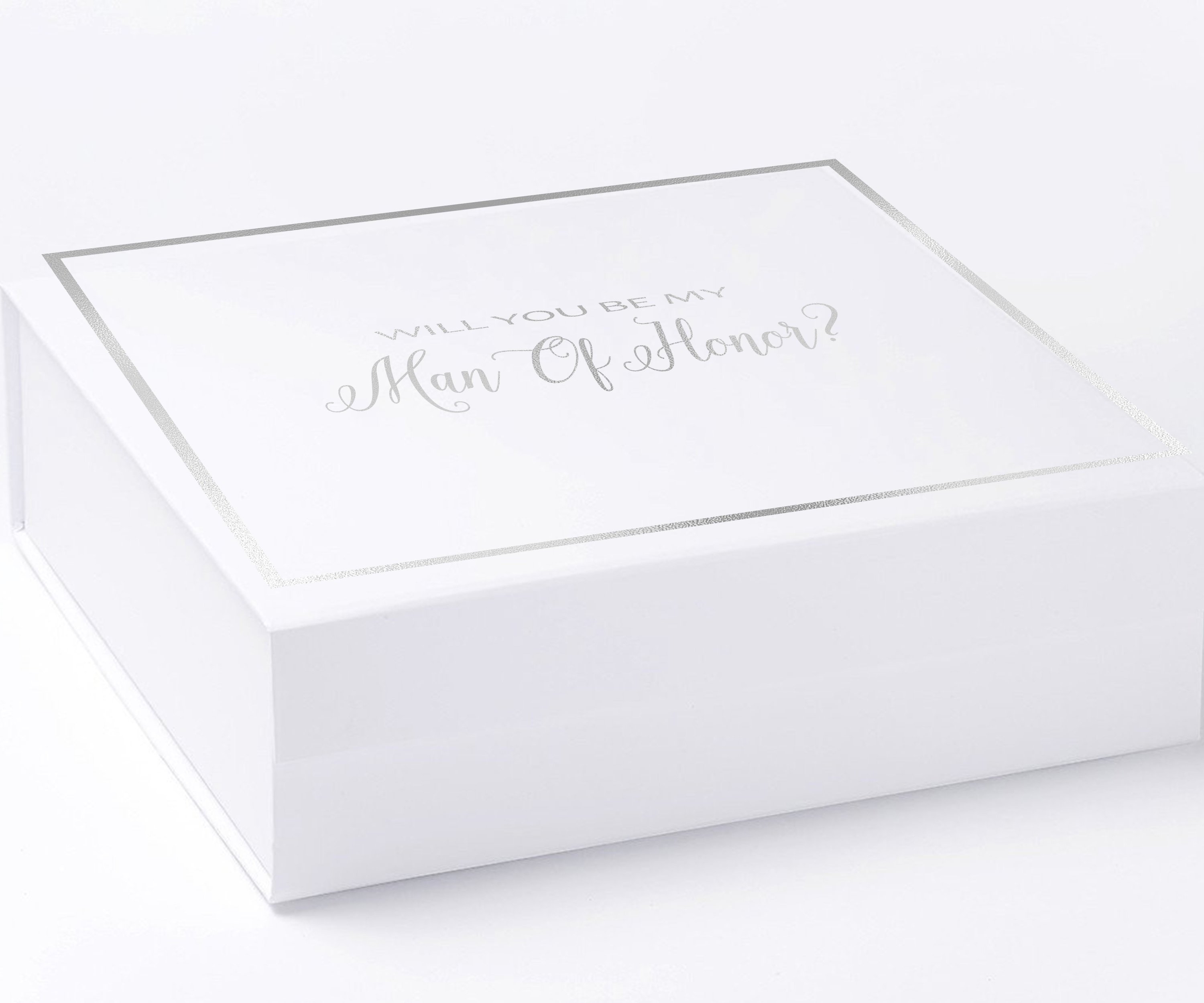 Elegant white proposal box with metallic writing, featuring a sleek design and no ribbon, perfect for asking your Man of Honor.