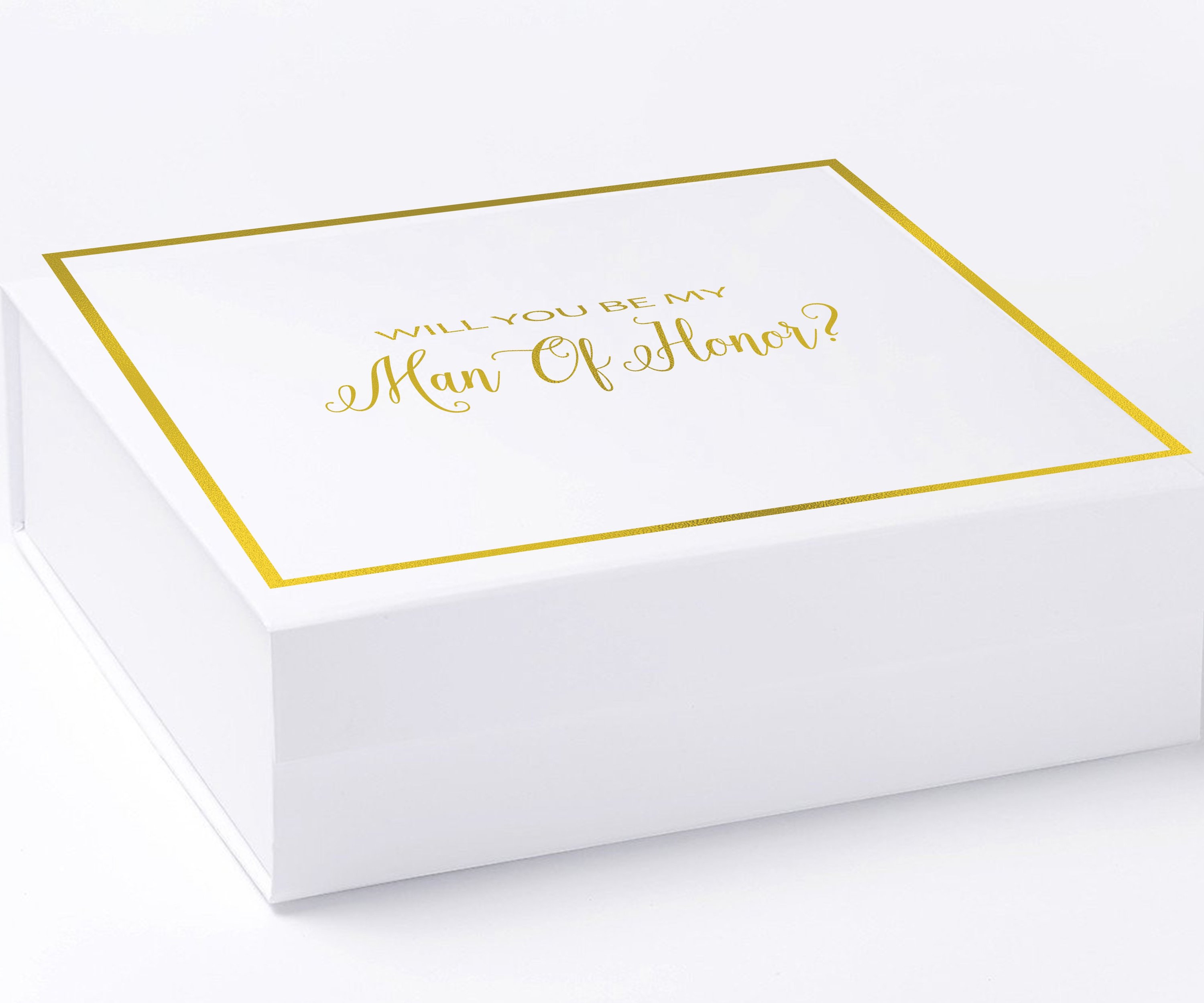 Elegant white proposal box with metallic writing, featuring a sleek design and no ribbon, perfect for asking your Man of Honor.