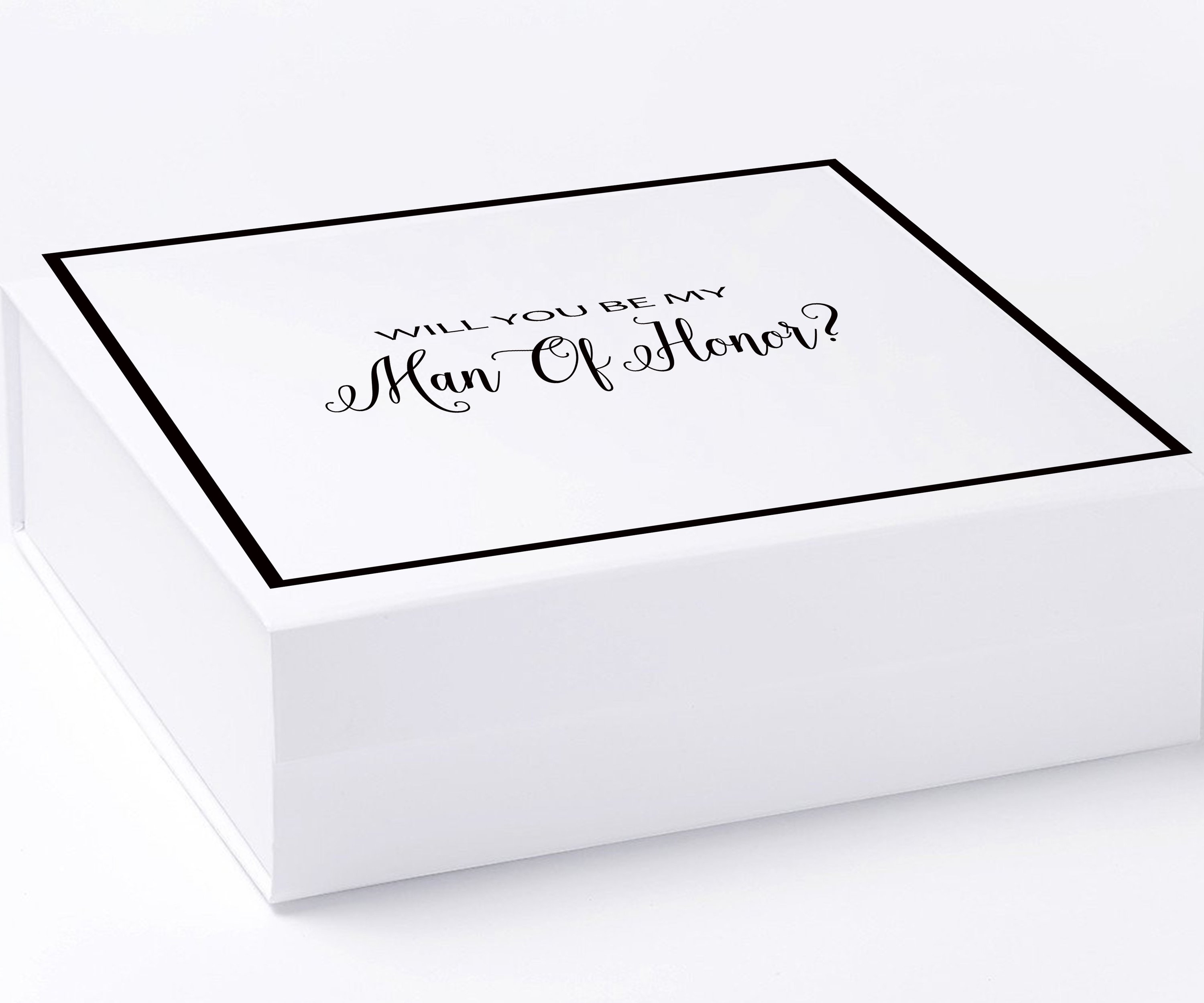 Elegant white proposal box with metallic writing, featuring a sleek design and no ribbon, perfect for asking your Man of Honor.