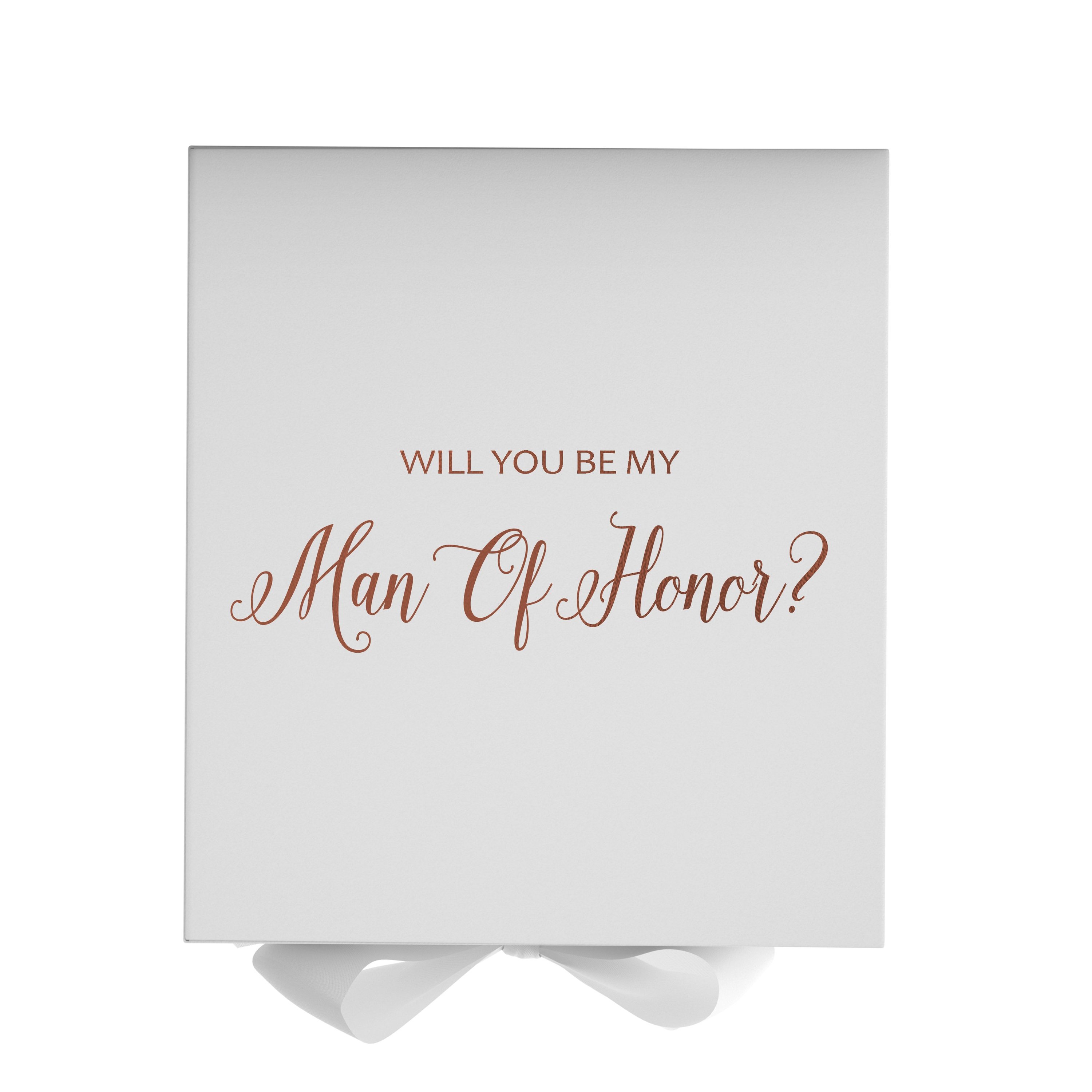 Elegant white proposal box with metallic writing, featuring a luxurious finish and a white bow, perfect for asking your Man of Honor.