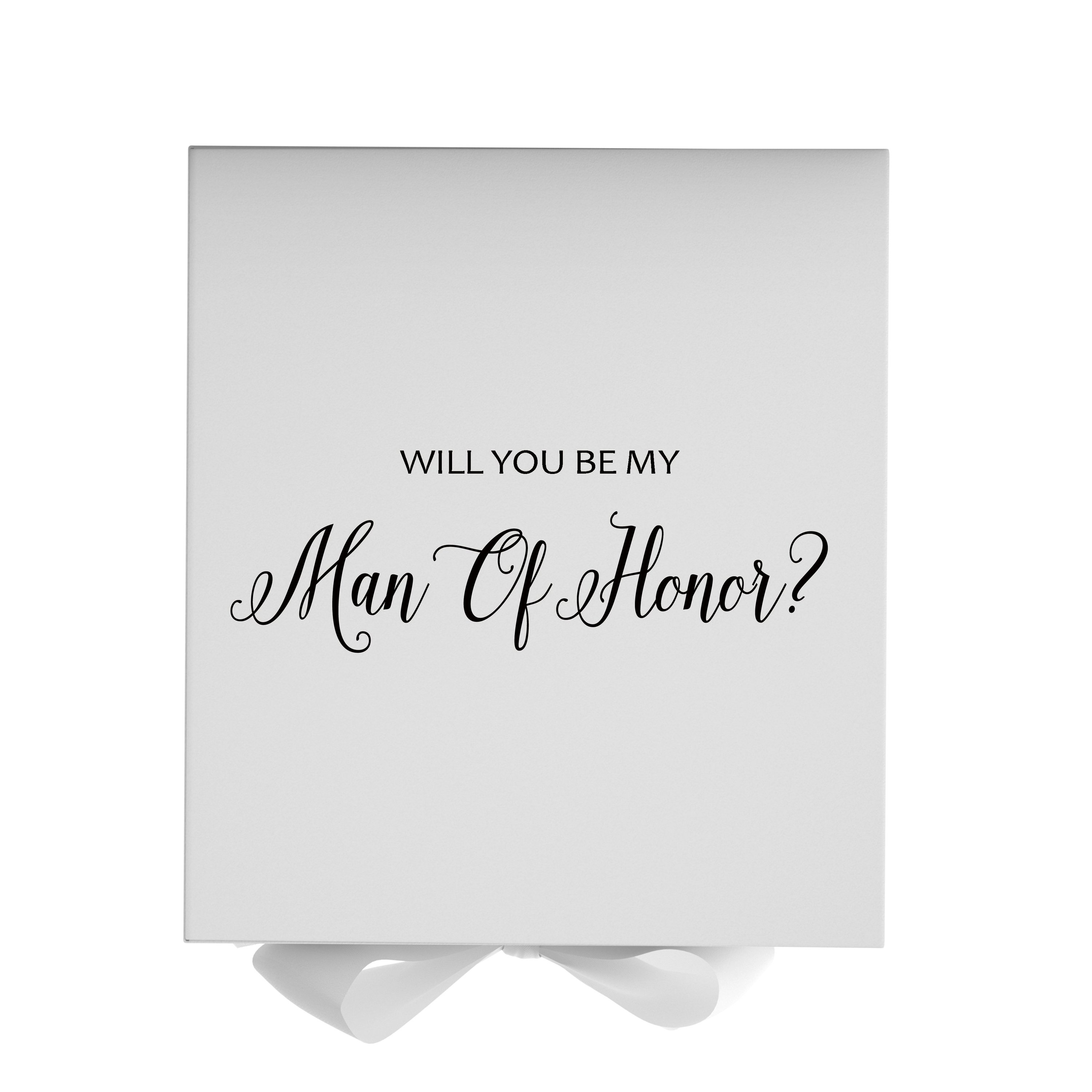 Elegant white proposal box with metallic writing, featuring a luxurious finish and a white bow, perfect for asking your Man of Honor.