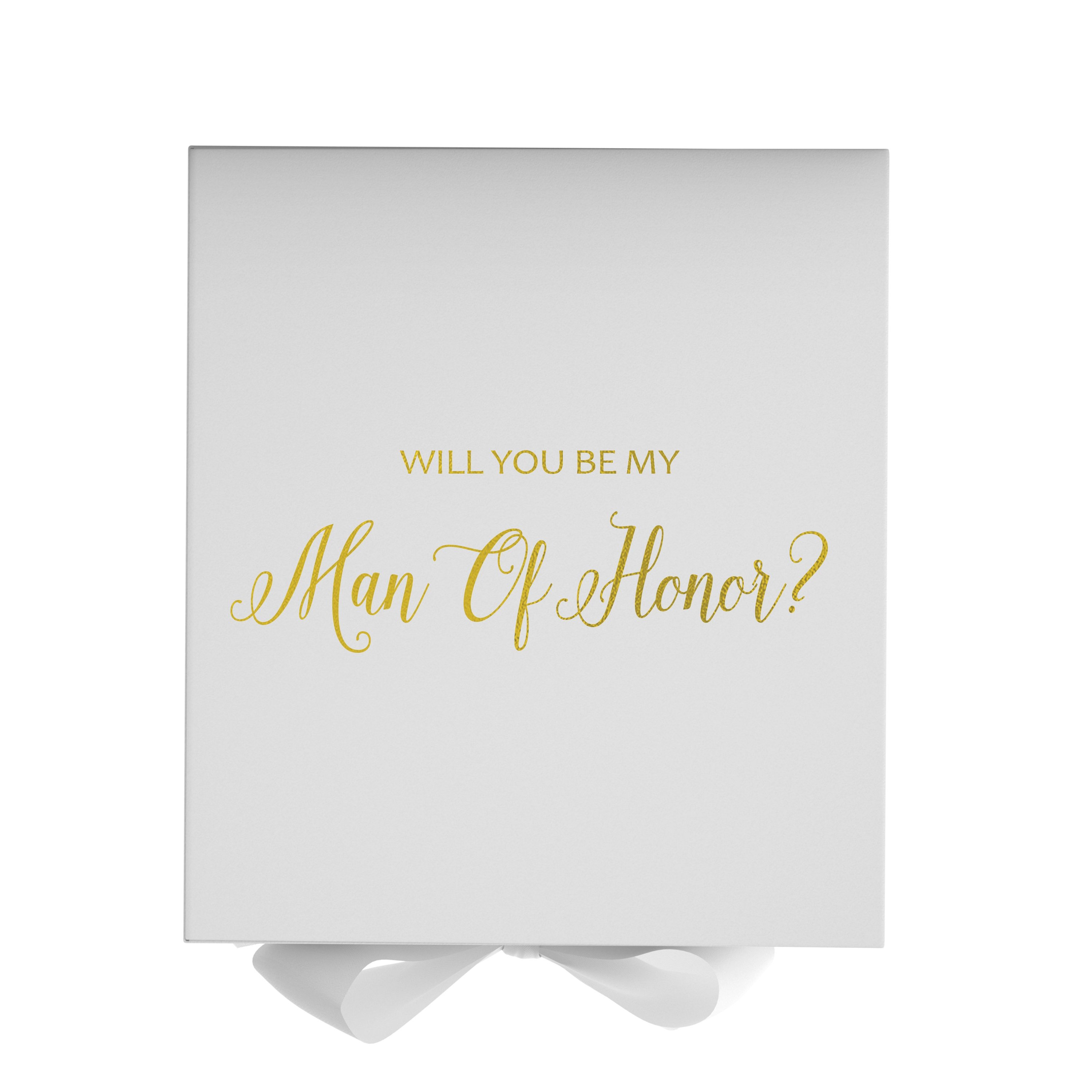 Elegant white proposal box with metallic writing, featuring a luxurious finish and a white bow, perfect for asking your Man of Honor.