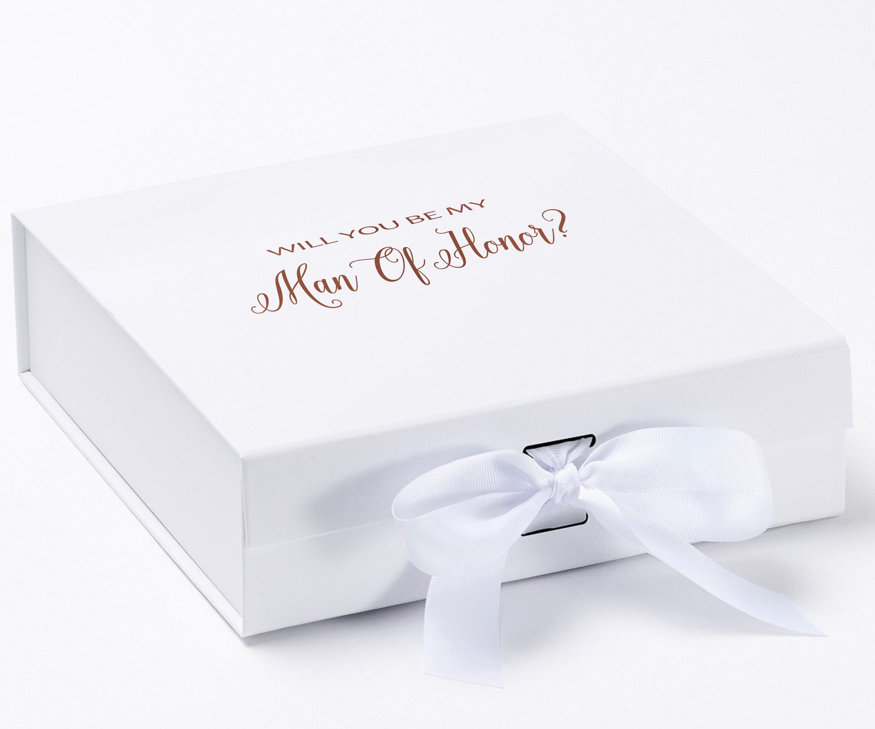 Elegant white proposal box with metallic writing, featuring a luxurious finish and a white bow, perfect for asking your Man of Honor.