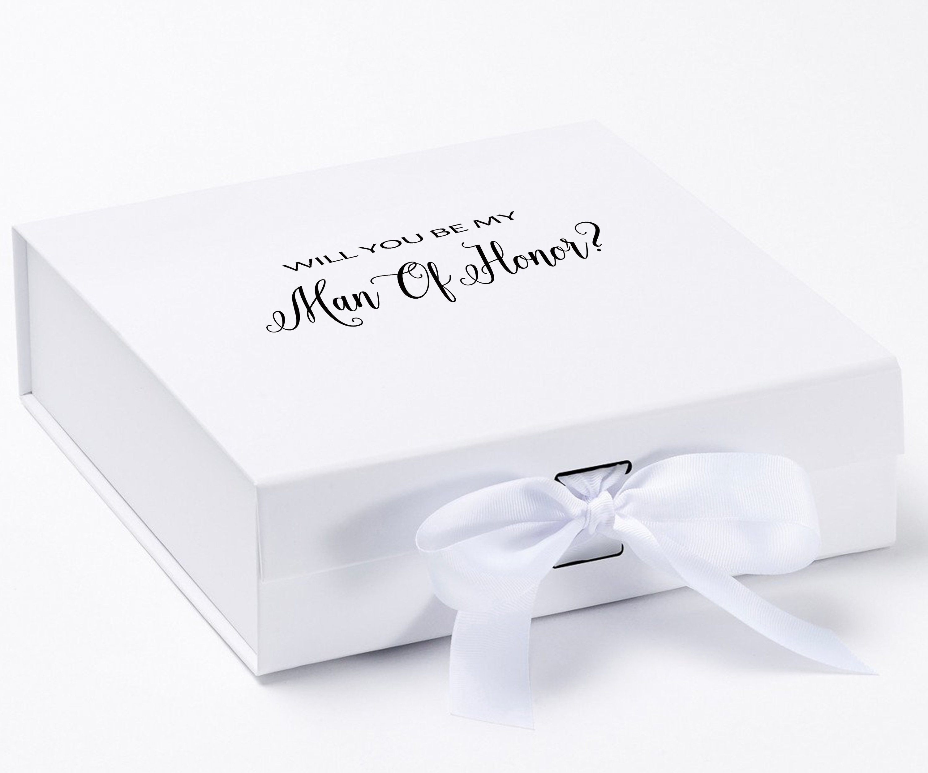 Elegant white proposal box with metallic writing, featuring a luxurious finish and a white bow, perfect for asking your Man of Honor.