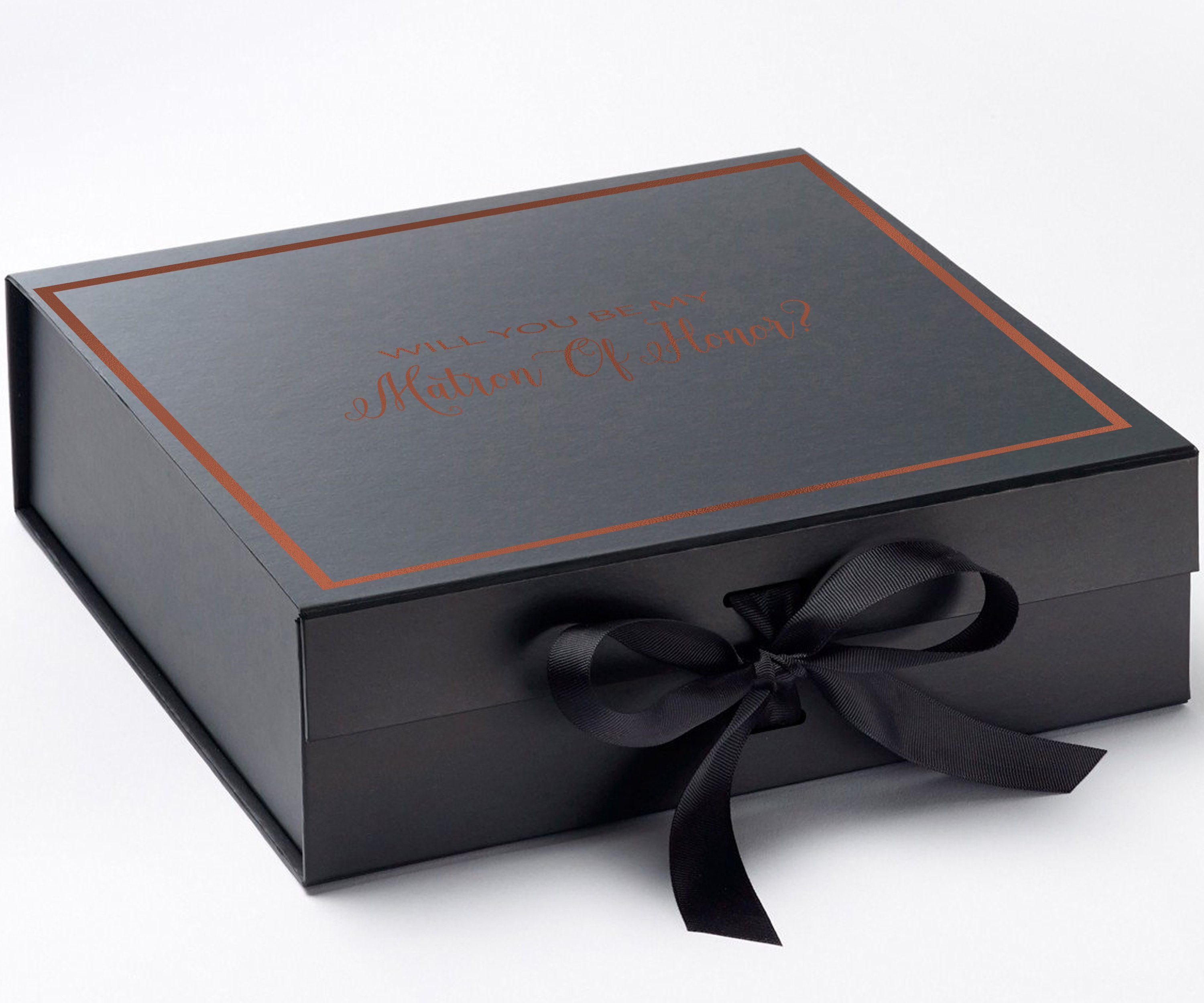 Elegant black proposal box with metallic writing and bow, designed for Matron of Honor proposal.