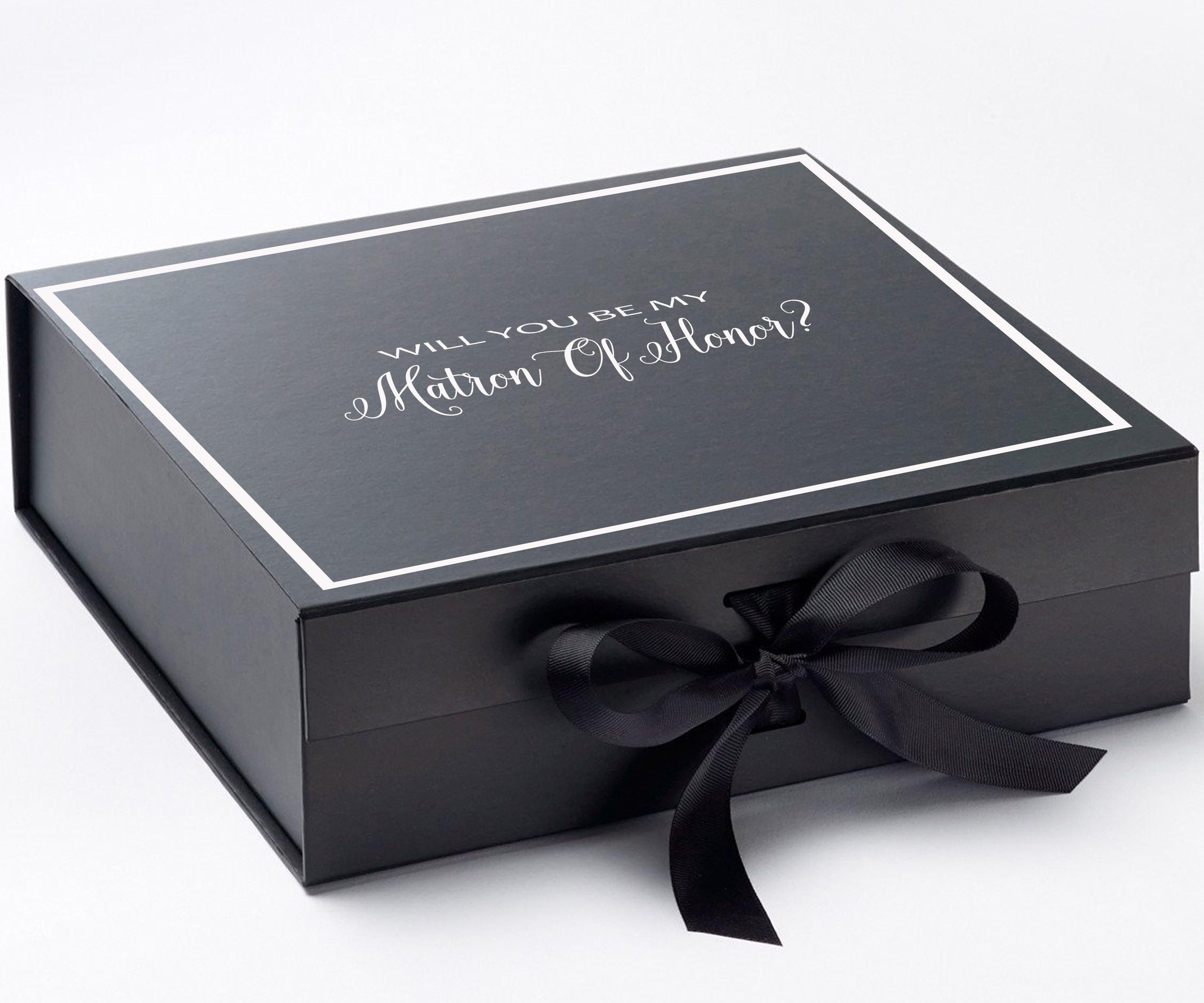 Elegant black proposal box with metallic writing and bow, designed for Matron of Honor proposal.