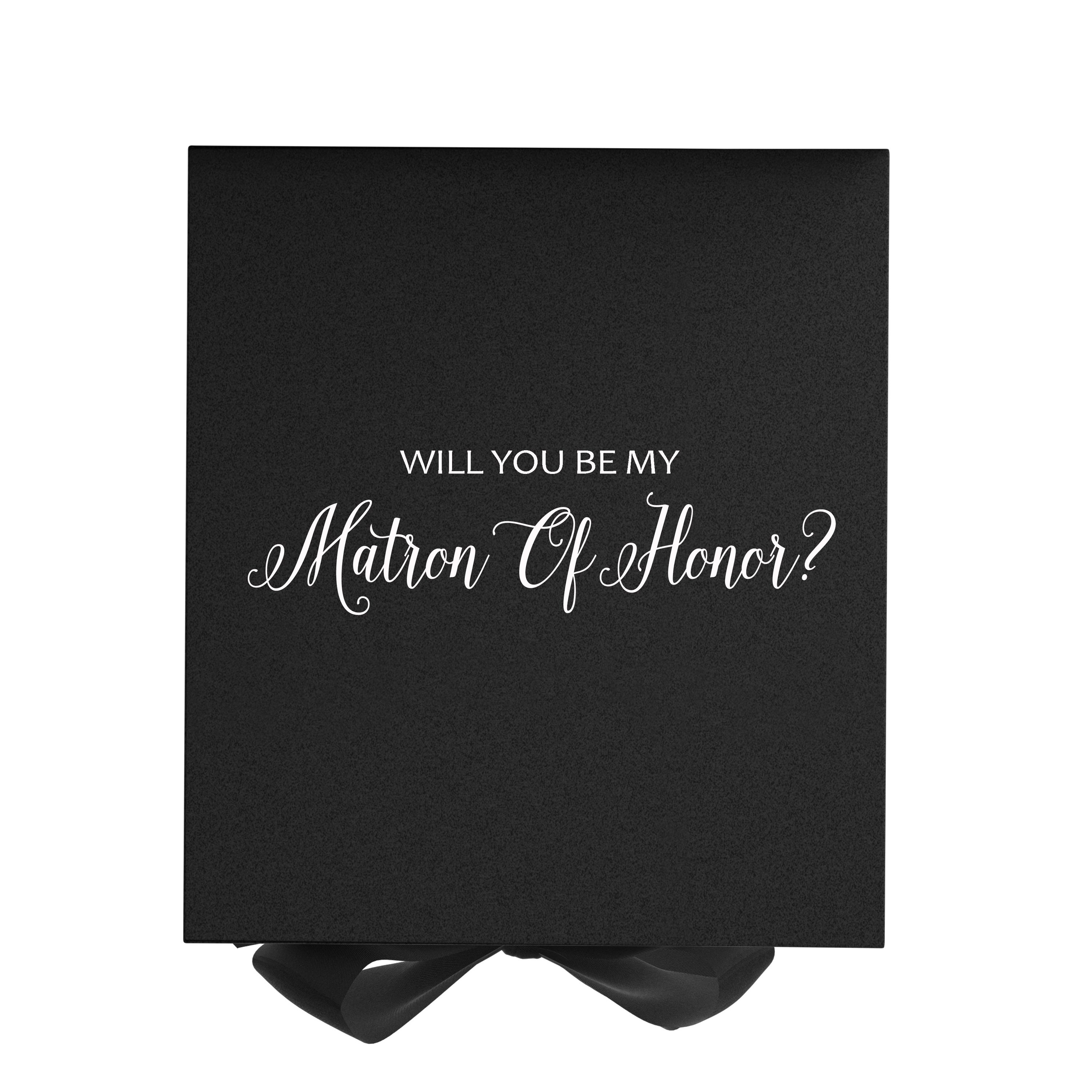 Elegant black proposal box with metallic writing for Matron of Honor, featuring a black bow and a luxurious matte finish.