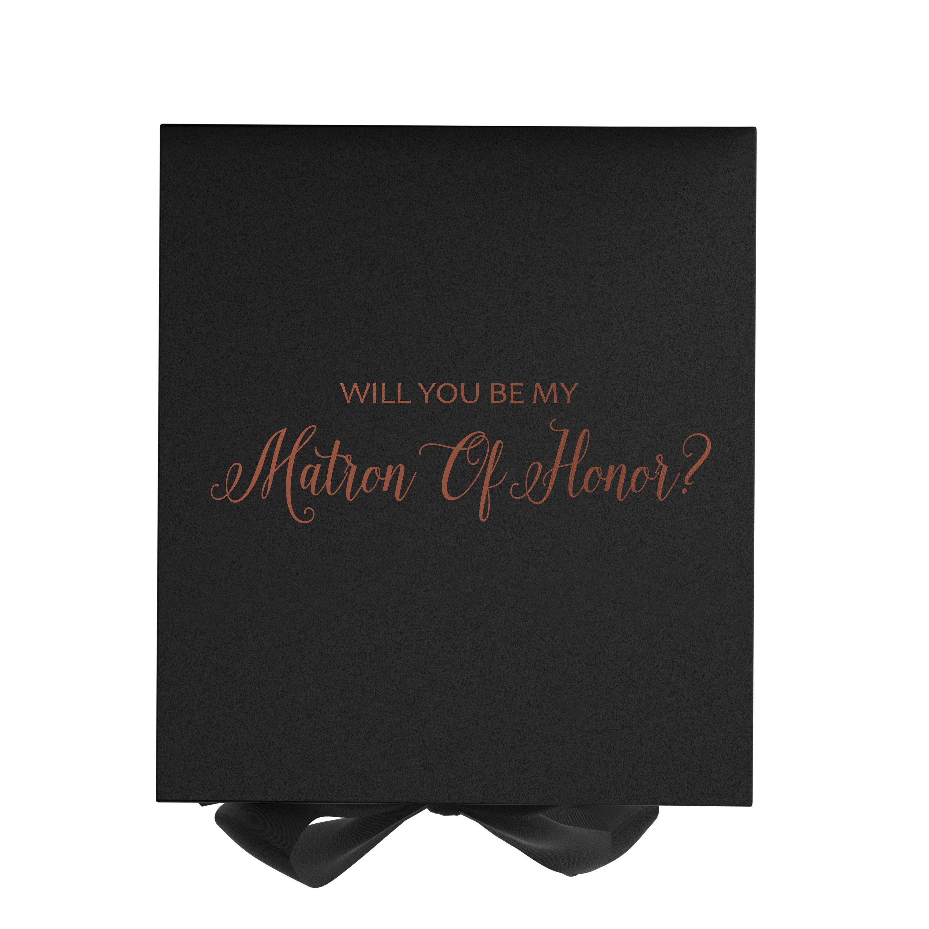 Elegant black proposal box with metallic writing for Matron of Honor, featuring a black bow and a luxurious matte finish.