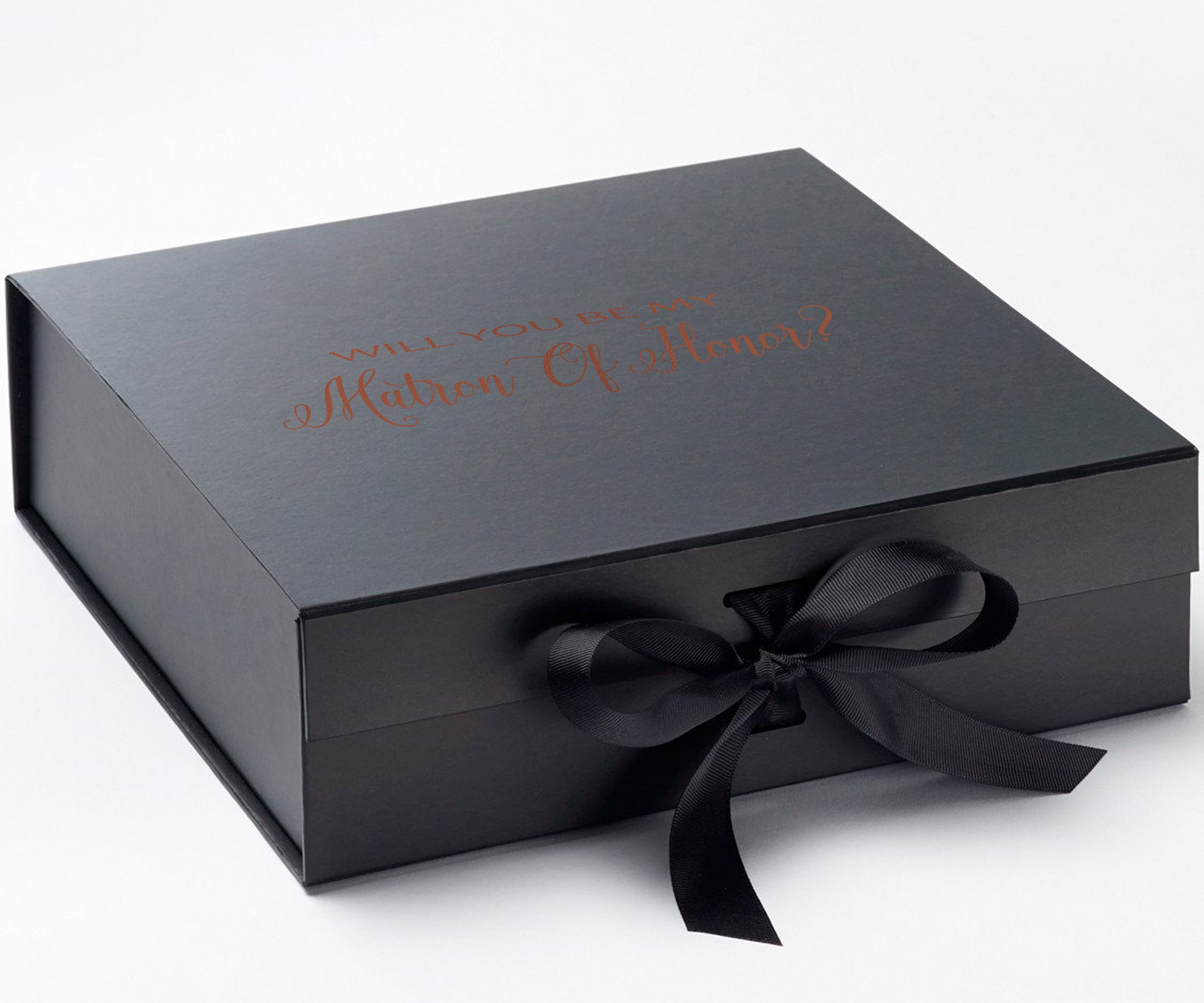 Elegant black proposal box with metallic writing for Matron of Honor, featuring a black bow and a luxurious matte finish.