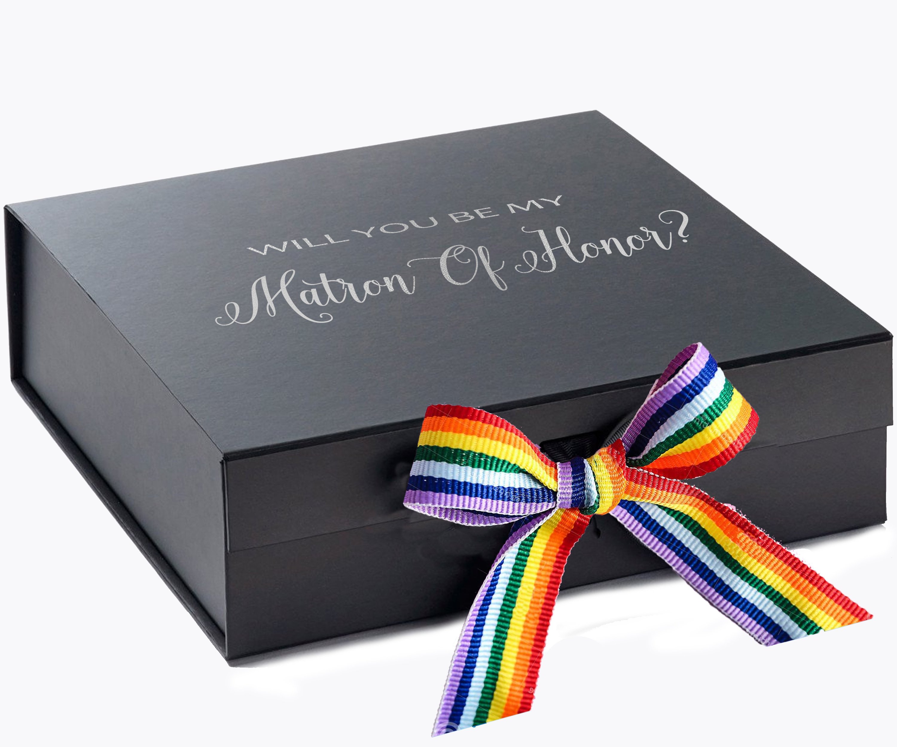 Elegant black proposal box with metallic writing and rainbow bow, perfect for asking your Matron of Honor.