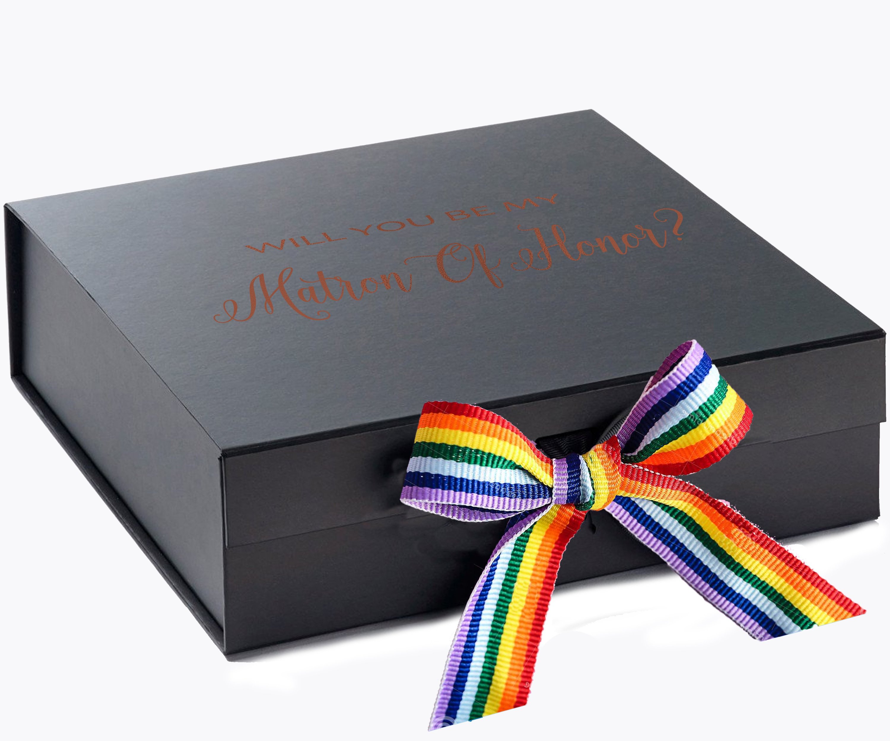 Elegant black proposal box with metallic writing and rainbow bow, perfect for asking your Matron of Honor.