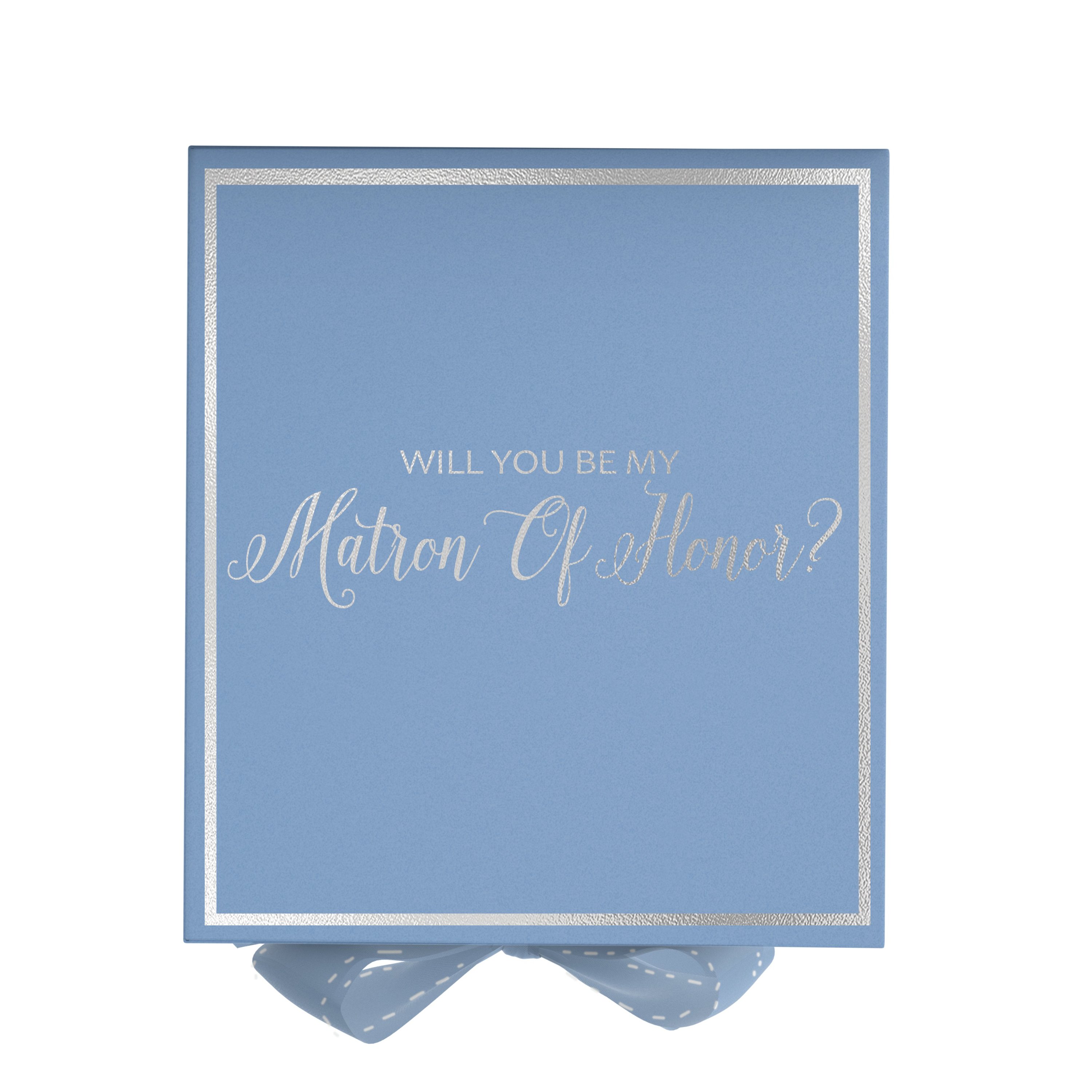 Light blue proposal box with metallic writing and bow, perfect for asking Matron of Honor.