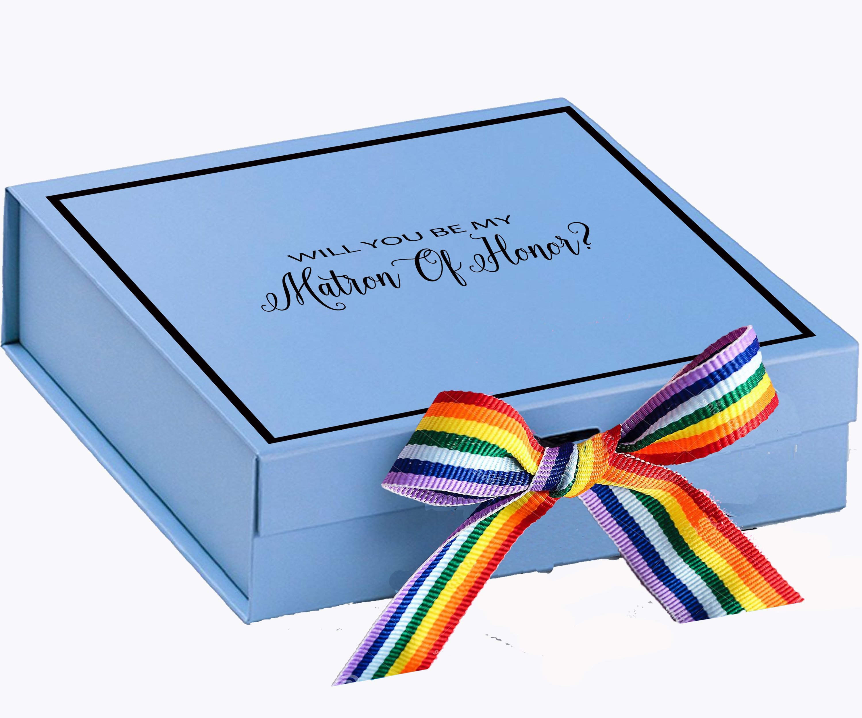 Light blue proposal box with metallic writing and rainbow bow, perfect for asking your Matron of Honor.