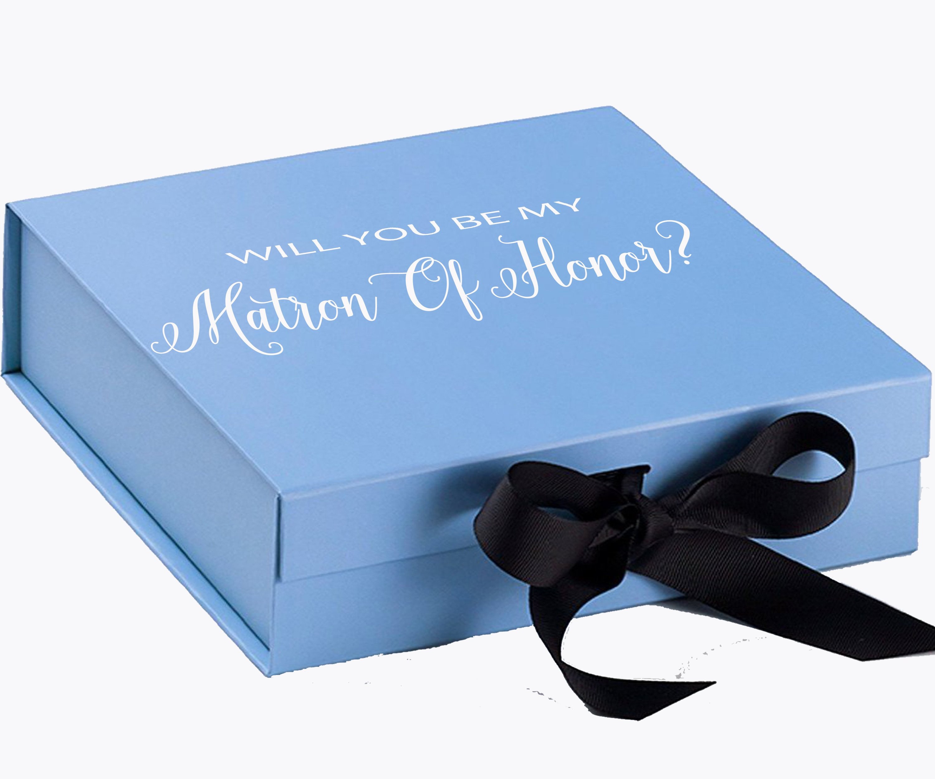 Light blue proposal box with black bow and metallic writing, perfect for Matron of Honor proposal.