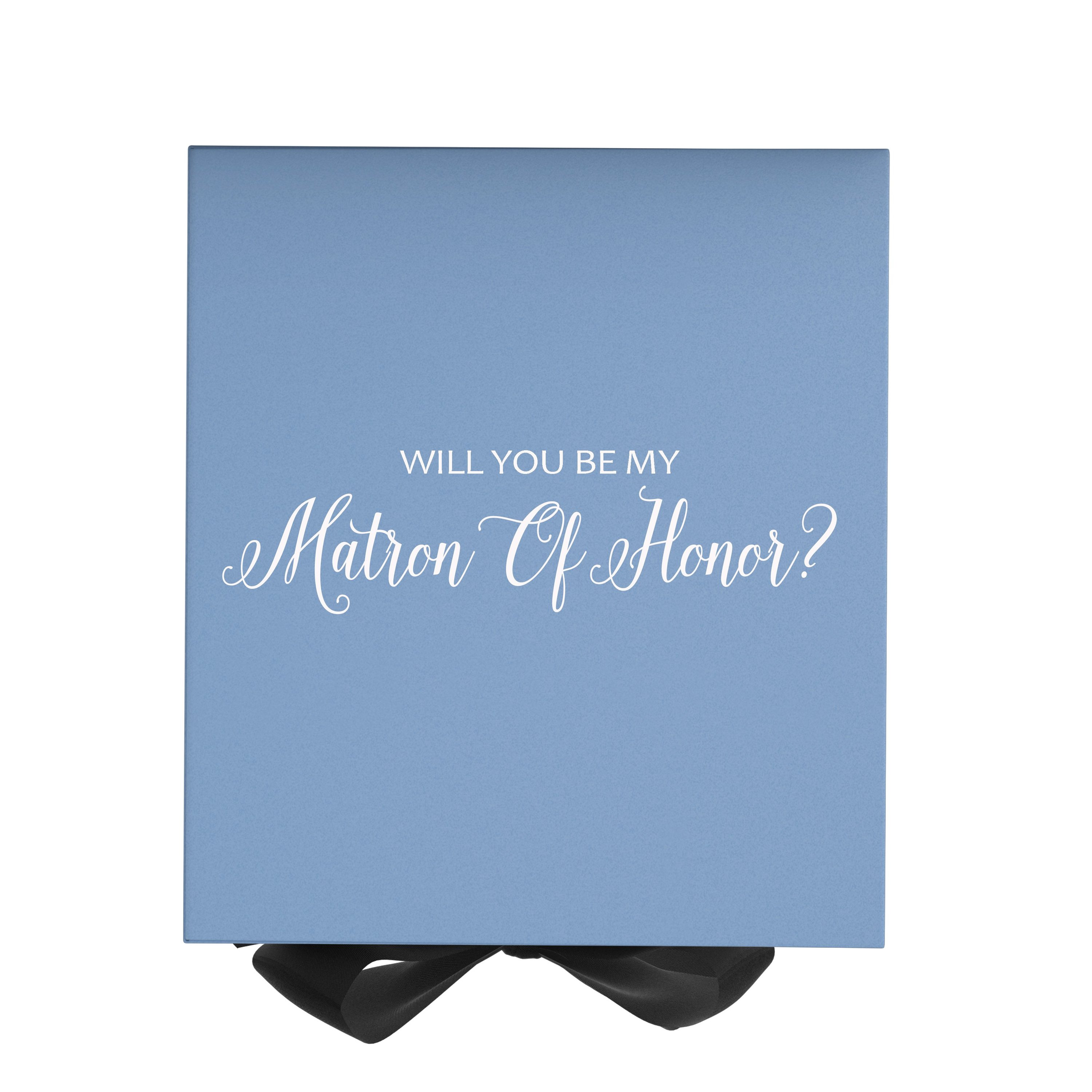 Light blue proposal box with black bow and metallic writing, perfect for Matron of Honor proposal.