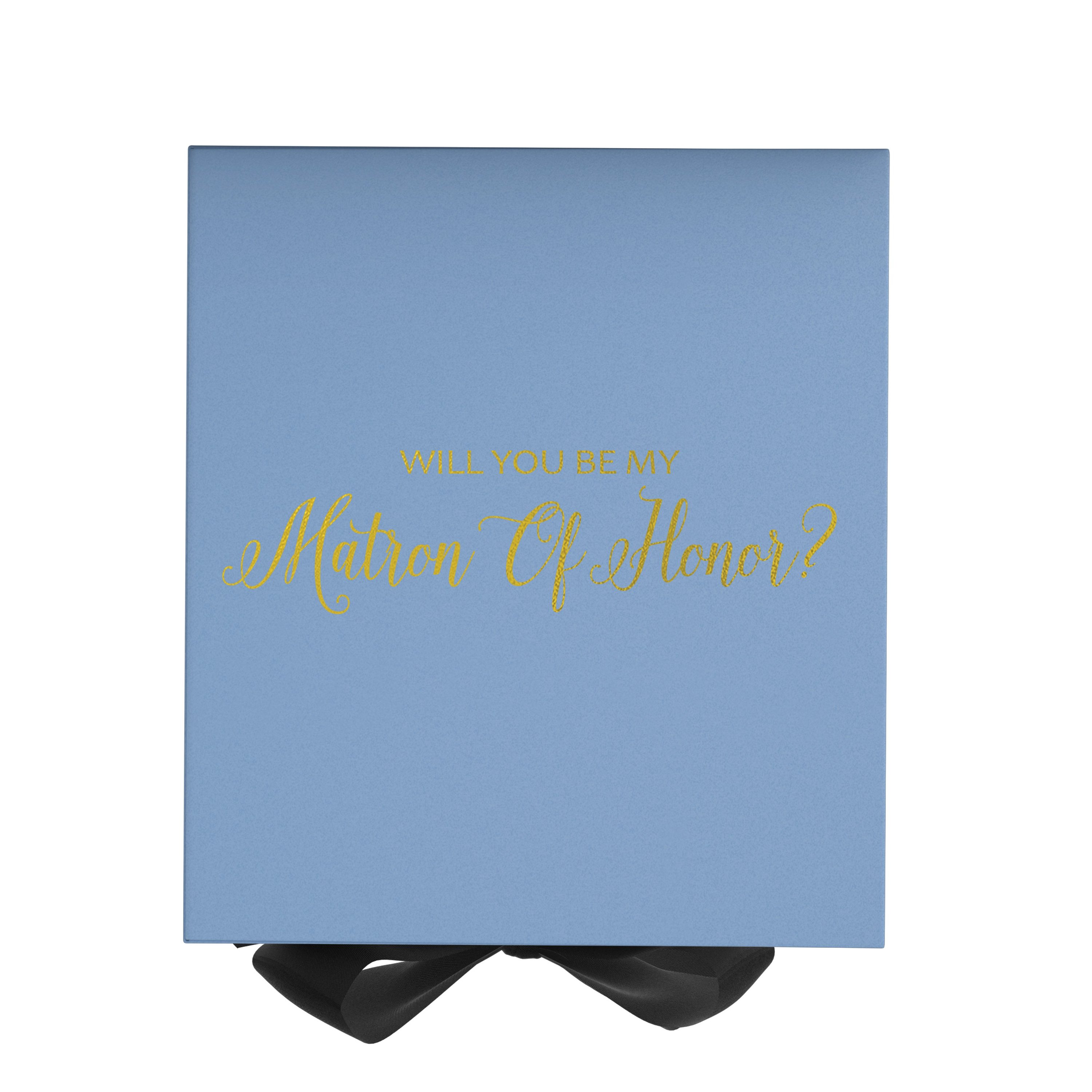 Light blue proposal box with black bow and metallic writing, perfect for Matron of Honor proposal.