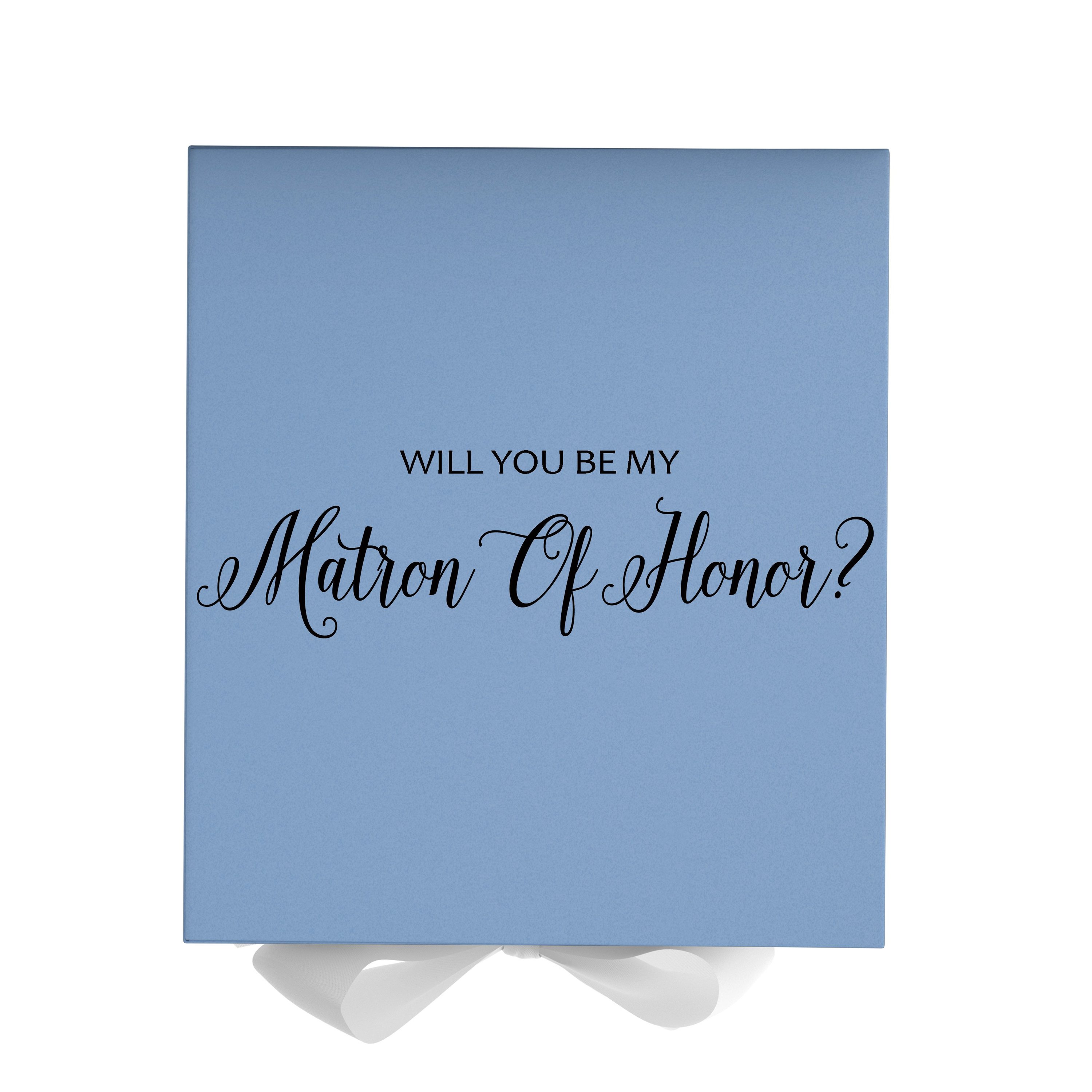 Light blue proposal box with white bow and metallic writing, perfect for asking your Matron of Honor.