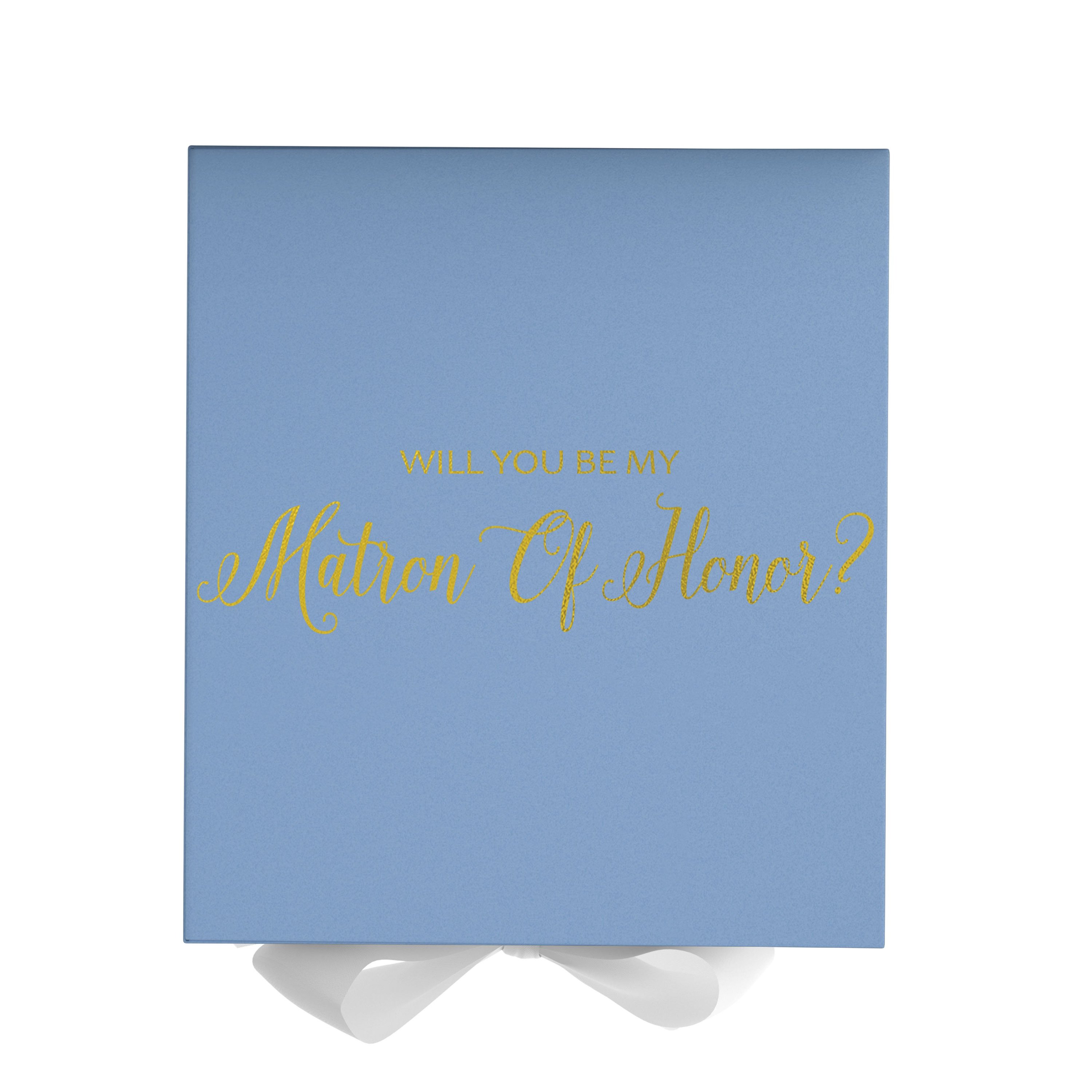 Light blue proposal box with white bow and metallic writing, perfect for asking your Matron of Honor.