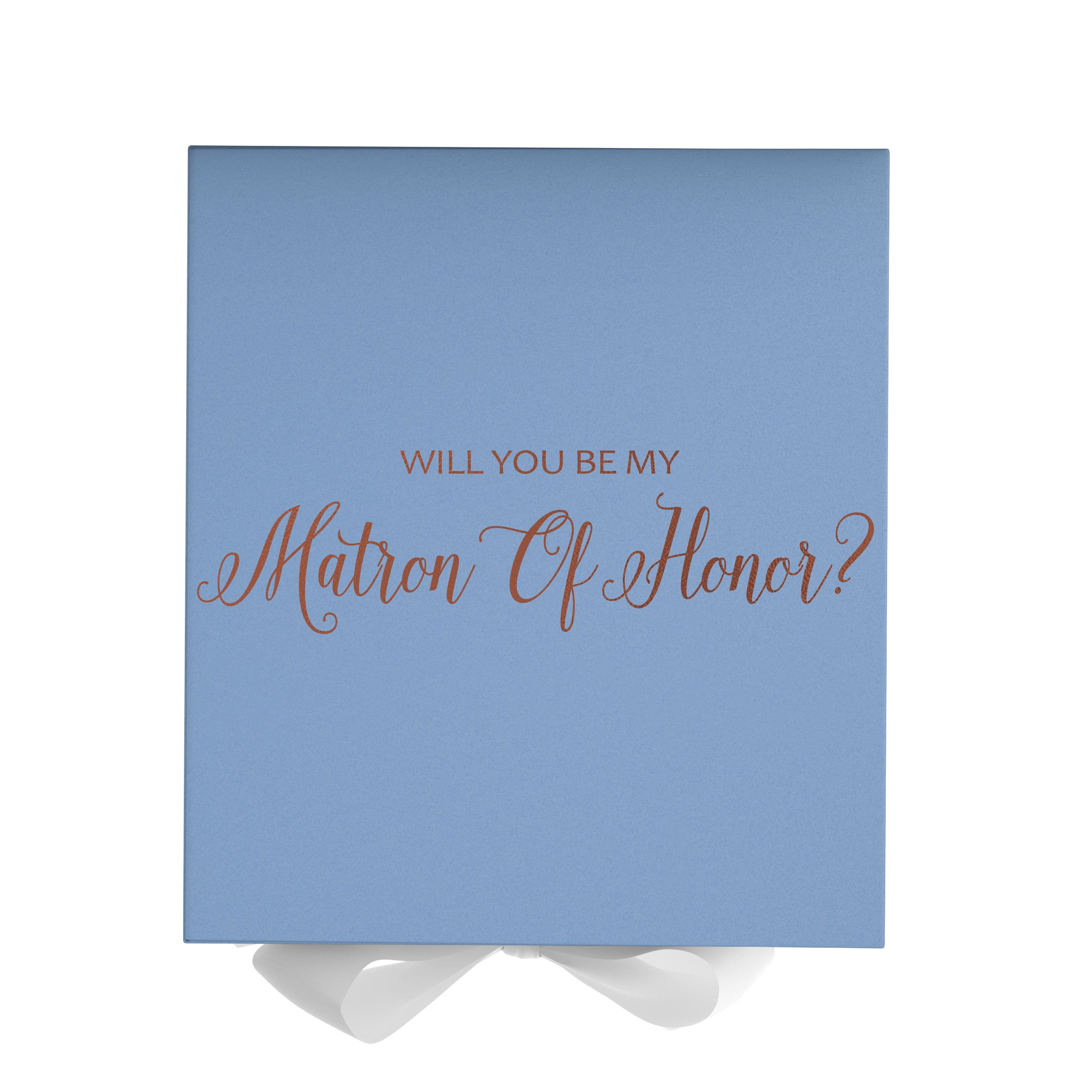 Light blue proposal box with white bow and metallic writing, perfect for asking your Matron of Honor.