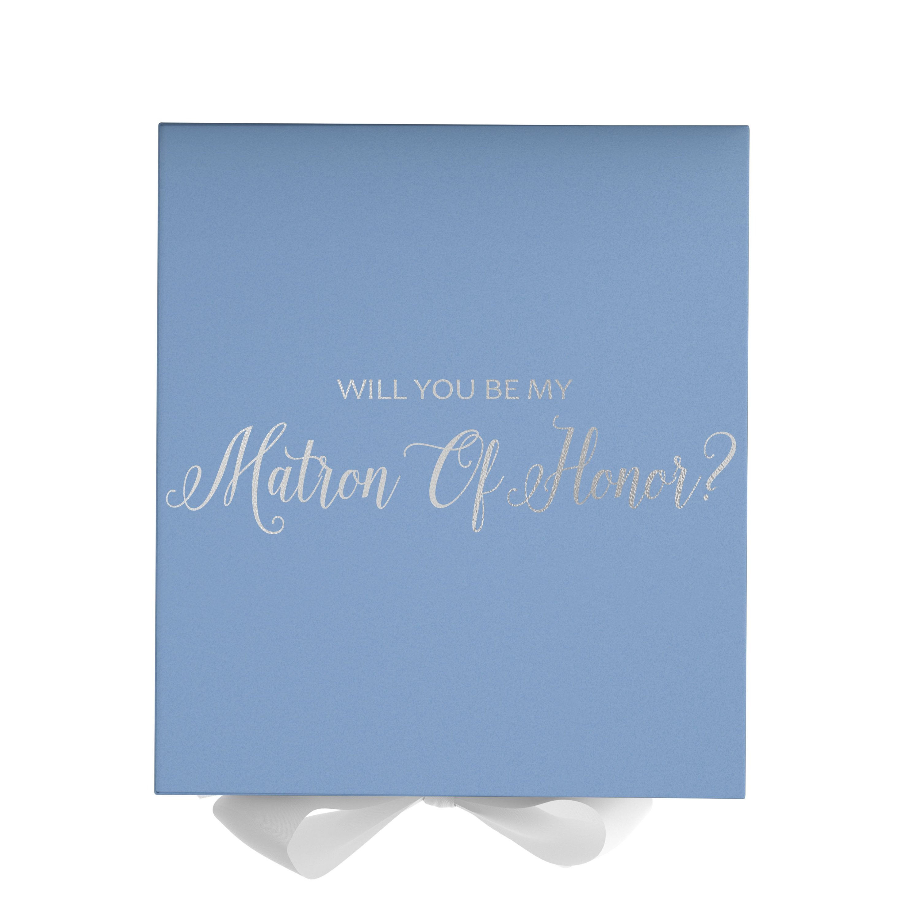 Light blue proposal box with white bow and metallic writing, perfect for asking your Matron of Honor.