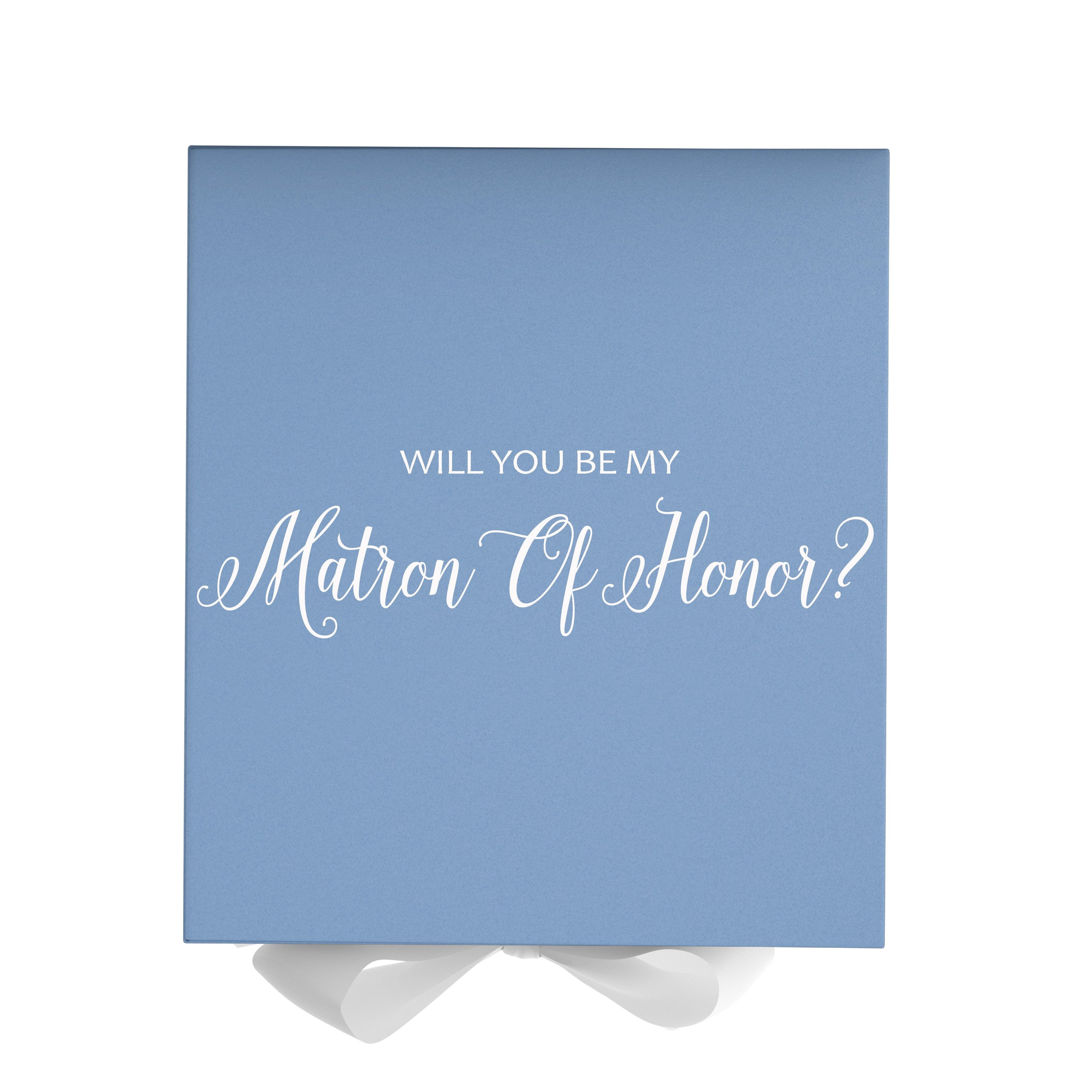 Light blue proposal box with white bow and metallic writing, perfect for asking your Matron of Honor.