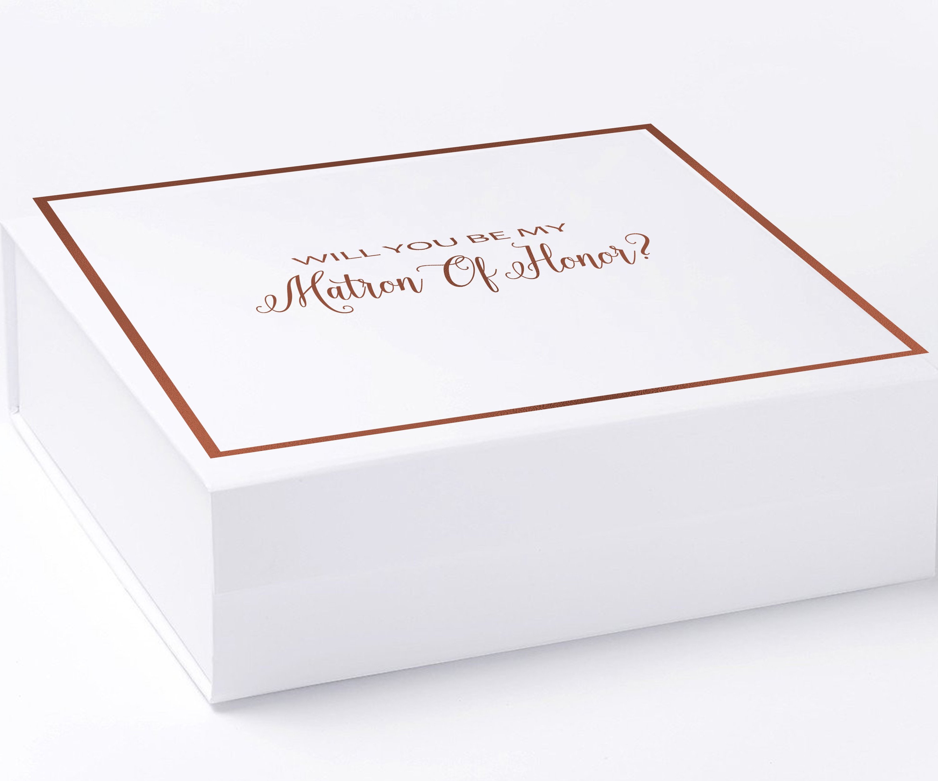 Elegant white proposal box with metallic writing for Matron of Honor, showcasing its luxurious design and secure magnetic closure.