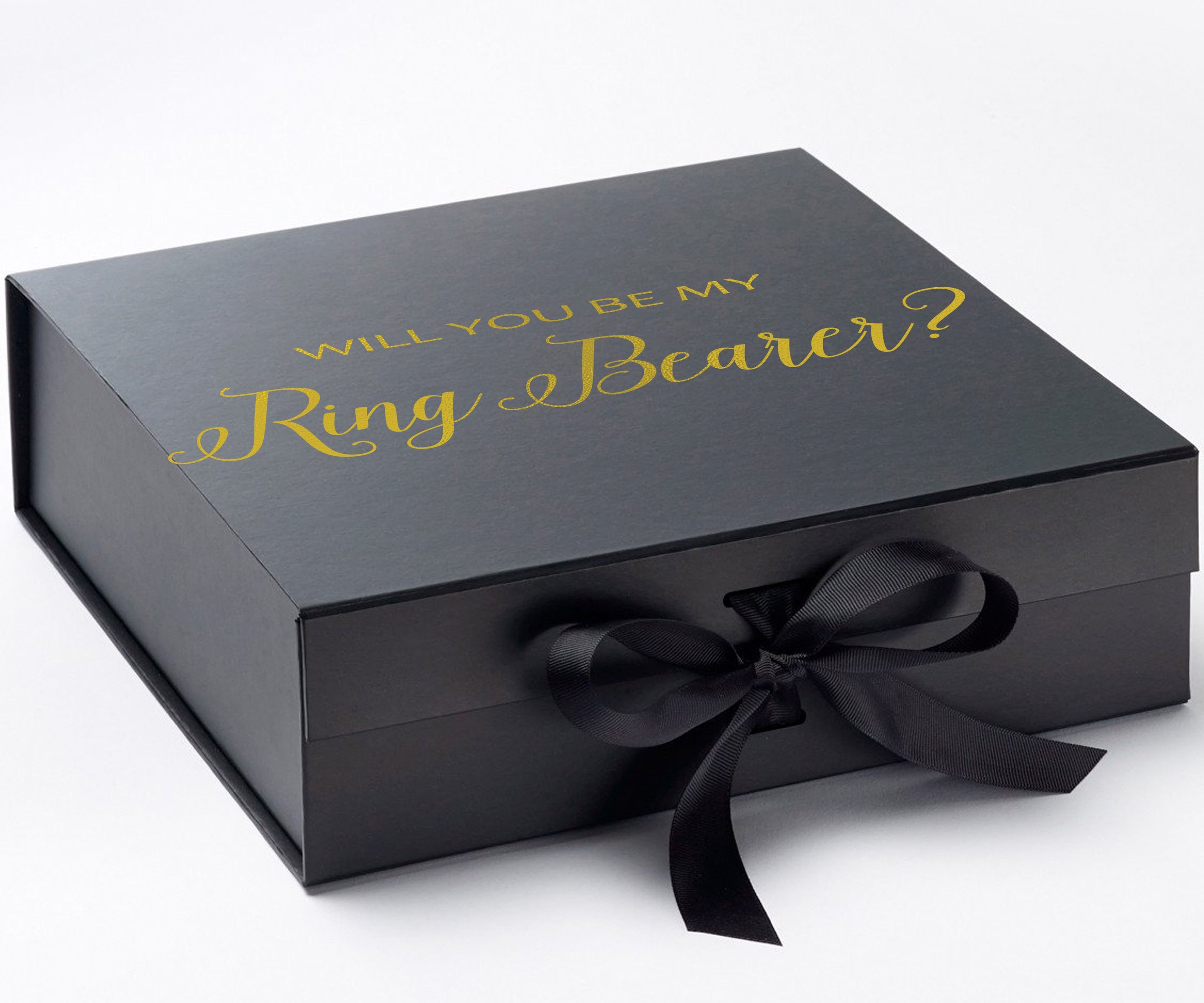 Elegant black proposal box with metallic writing, featuring a black bow and no border design.