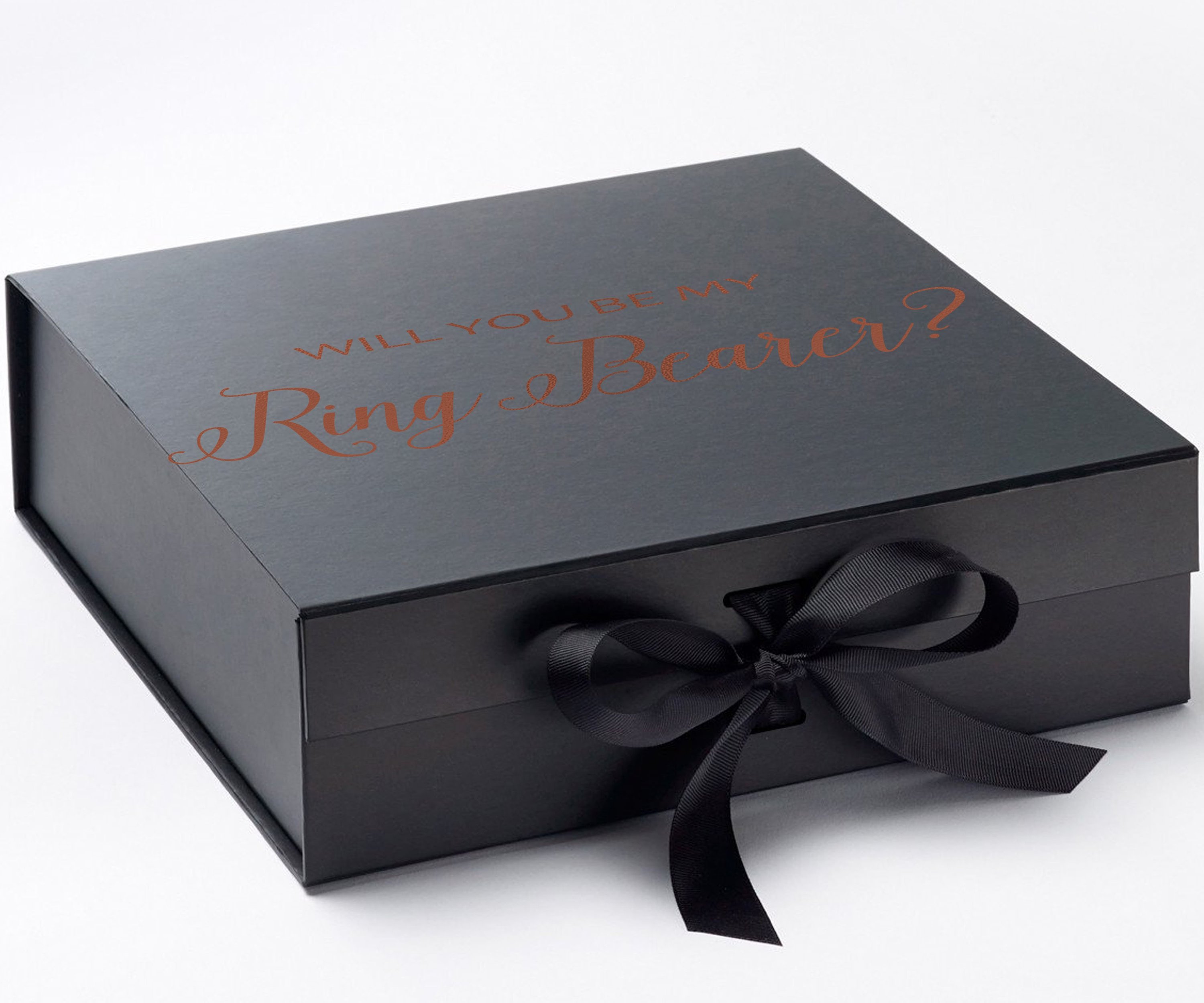 Elegant black proposal box with metallic writing, featuring a black bow and no border design.