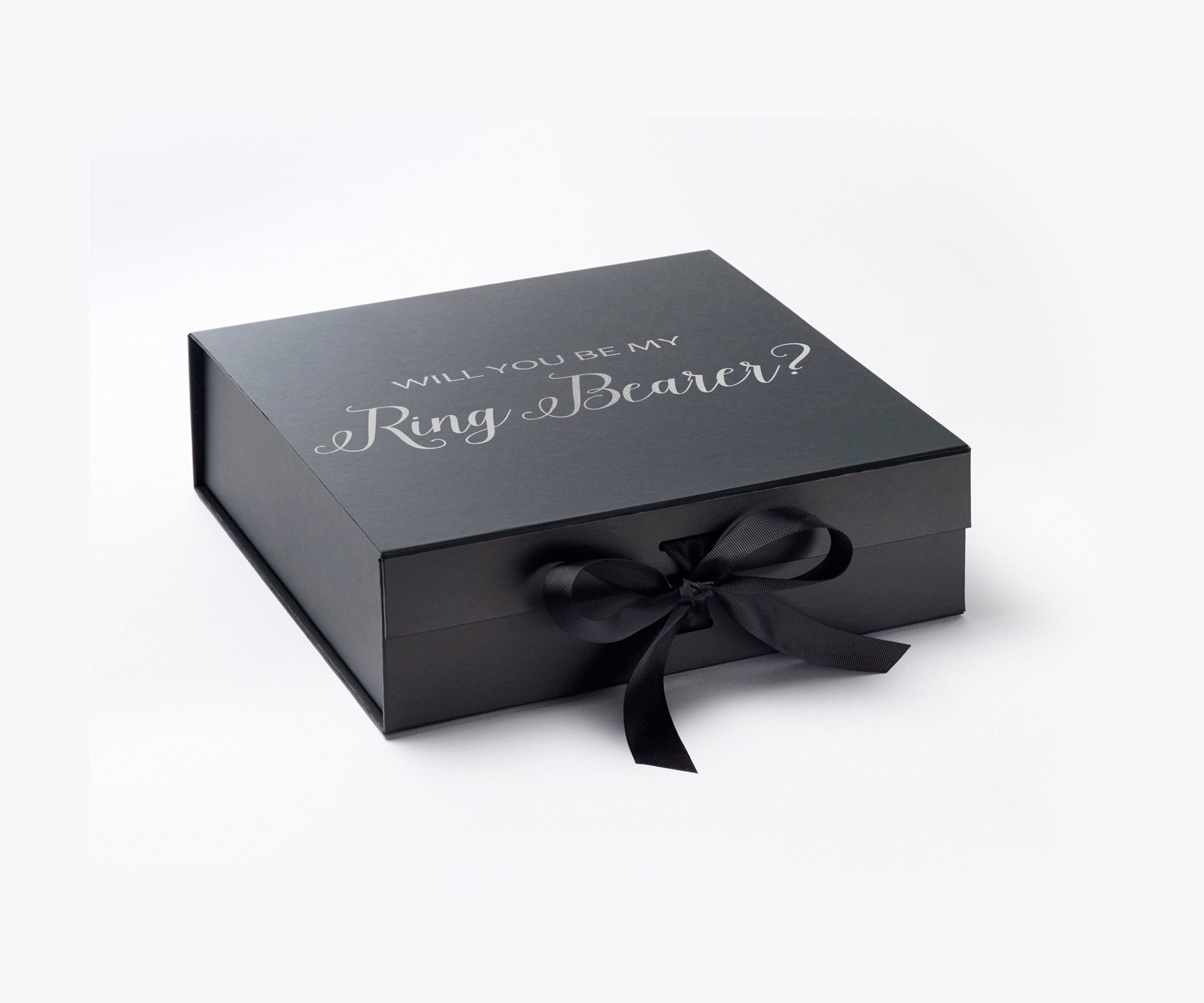 Elegant black proposal box with metallic writing, featuring a black bow and no border design.