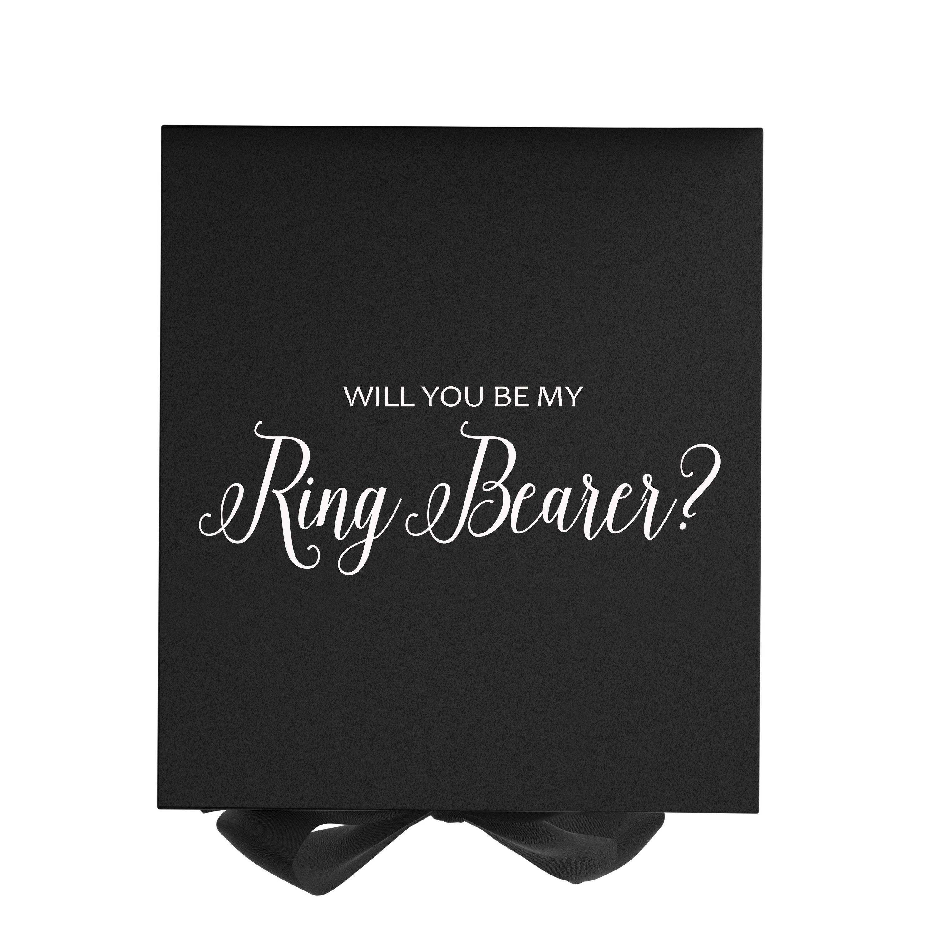 Elegant black proposal box with metallic writing, featuring a black bow and no border design.