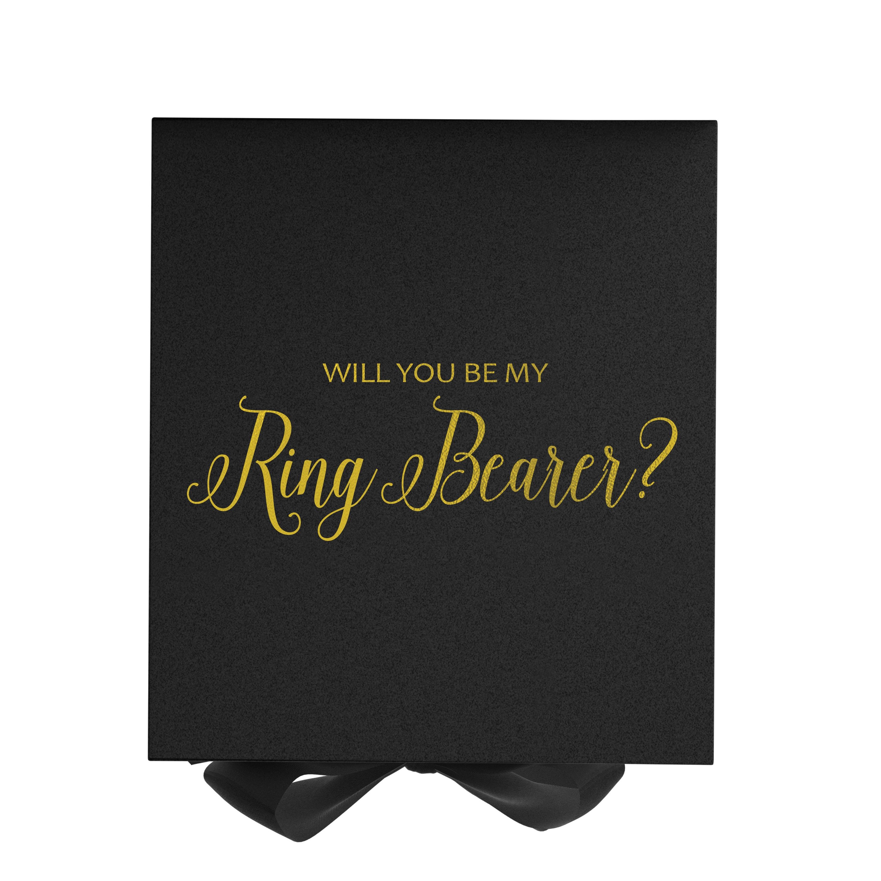 Elegant black proposal box with metallic writing, featuring a black bow and no border design.