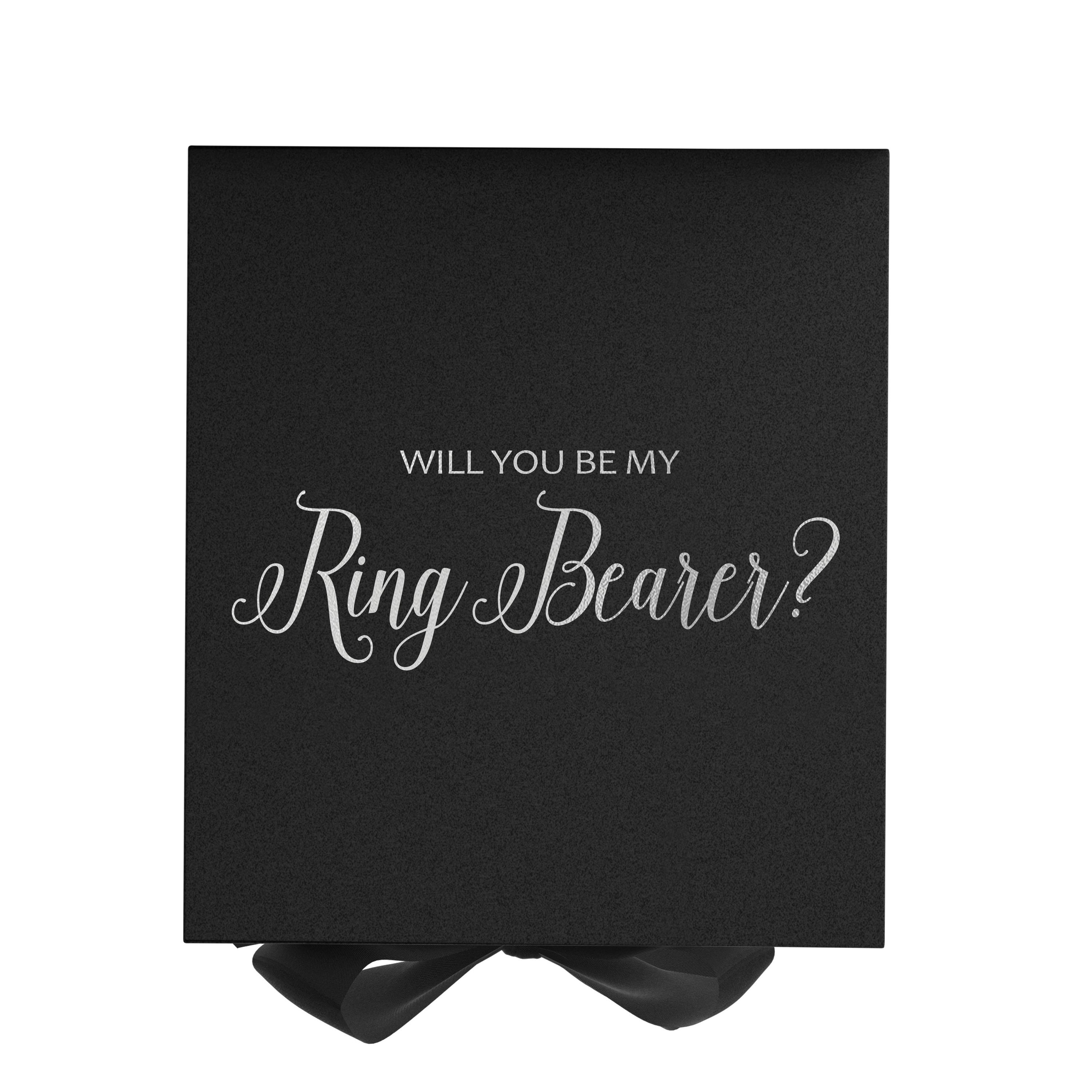 Elegant black proposal box with metallic writing, featuring a black bow and no border design.