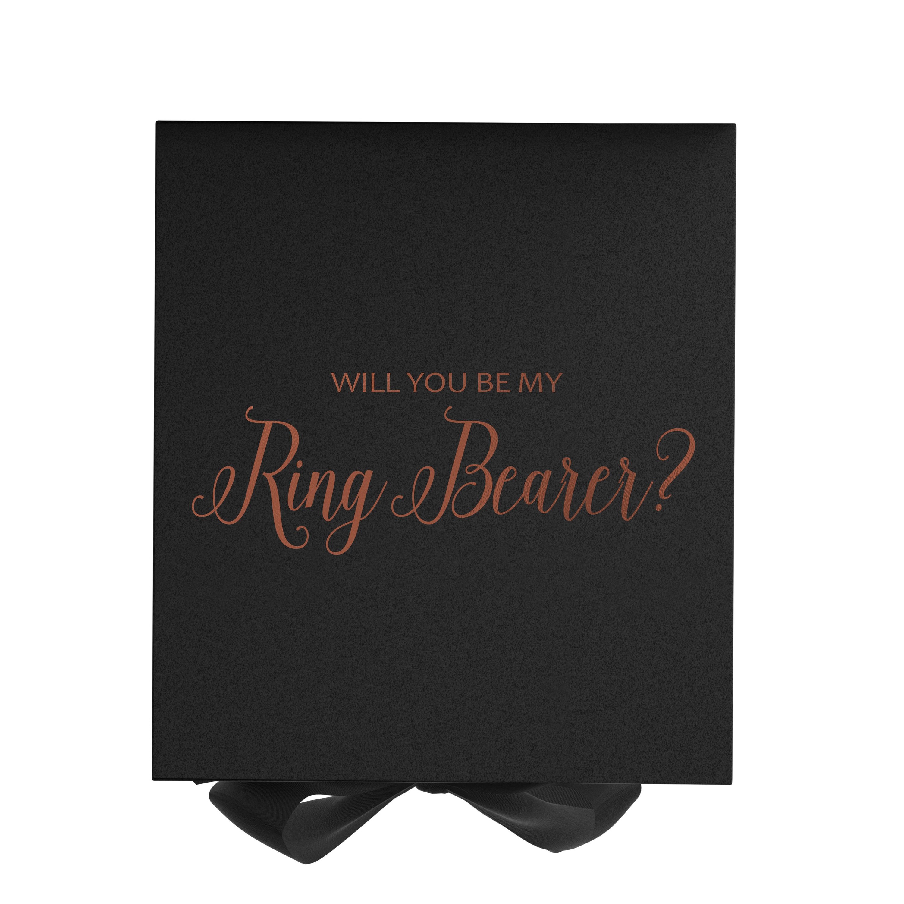 Elegant black proposal box with metallic writing, featuring a black bow and no border design.