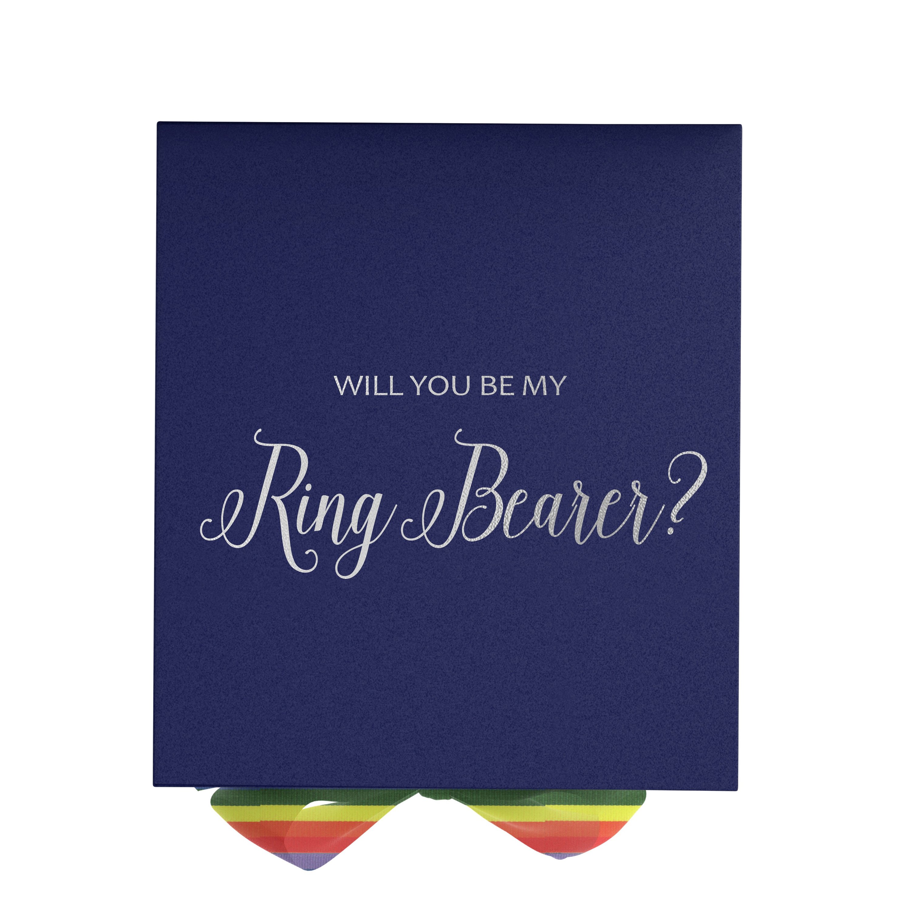 Navy proposal box with metallic writing and rainbow bow, showcasing elegant design and quality craftsmanship.