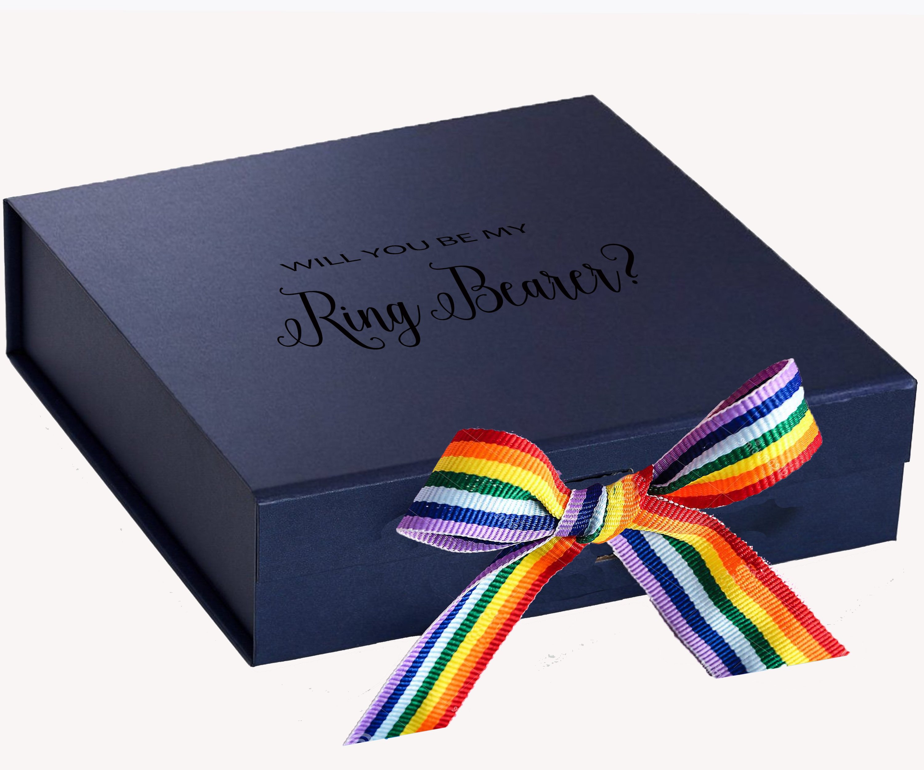 Navy proposal box with metallic writing and rainbow bow, showcasing elegant design and quality craftsmanship.