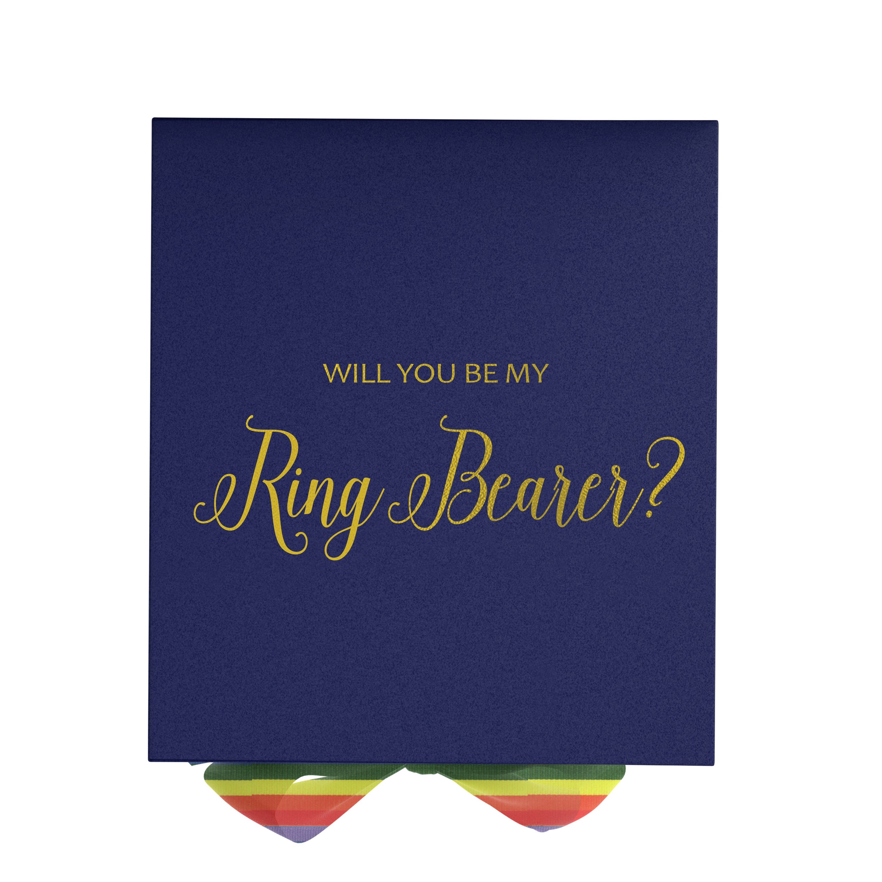 Navy proposal box with metallic writing and rainbow bow, showcasing elegant design and quality craftsmanship.